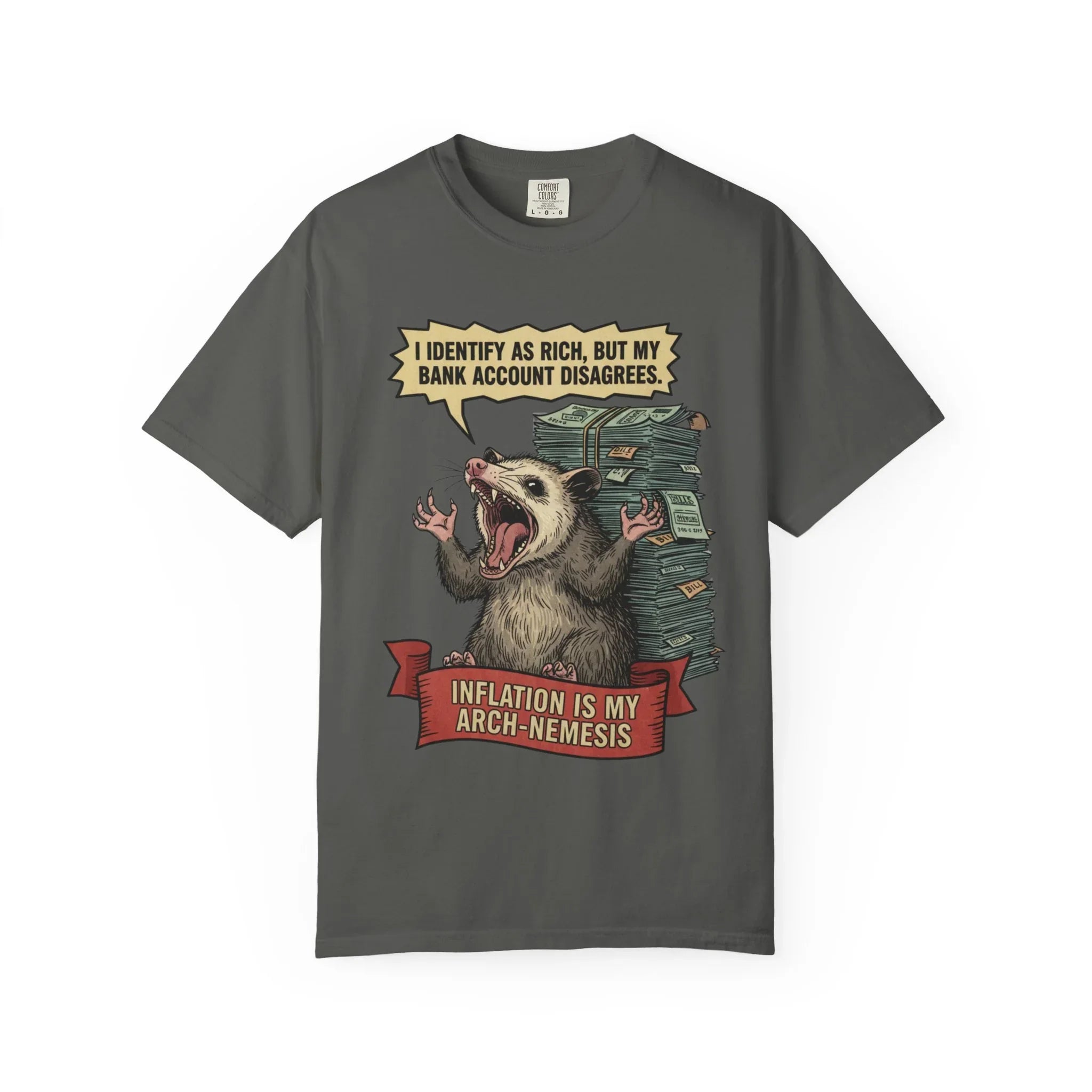 Funny Opossum Shirt - "I Identify As Rich" Inflation Meme Gift - Screaming Possum Hoodie - Relatable Money Humor T-Shirt - Vintage Style Animal Top Pepper