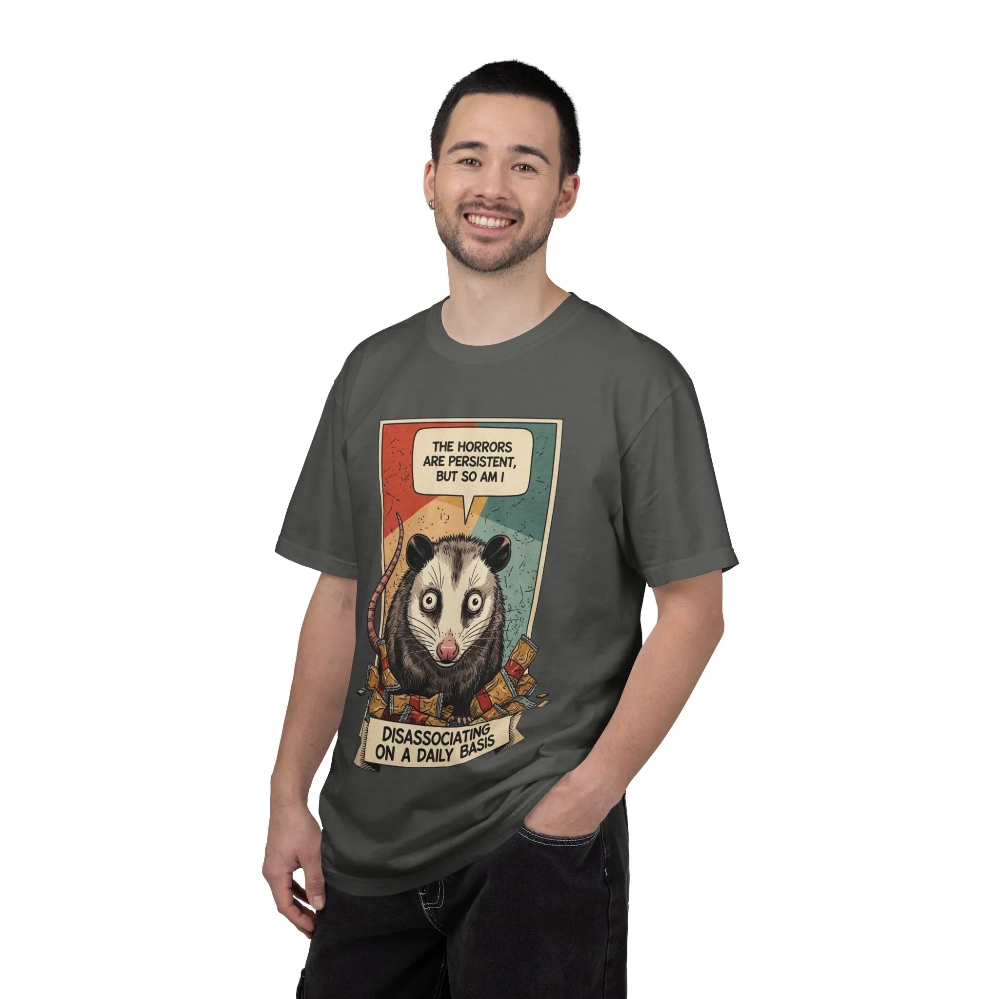 Funny Opossum Shirt - "The Horrors Are Persistent But So Am I" Tee - Mental Health Awareness Gift - Disassociation Meme Sweatshirt - Retro Trash Cat Hoodie
