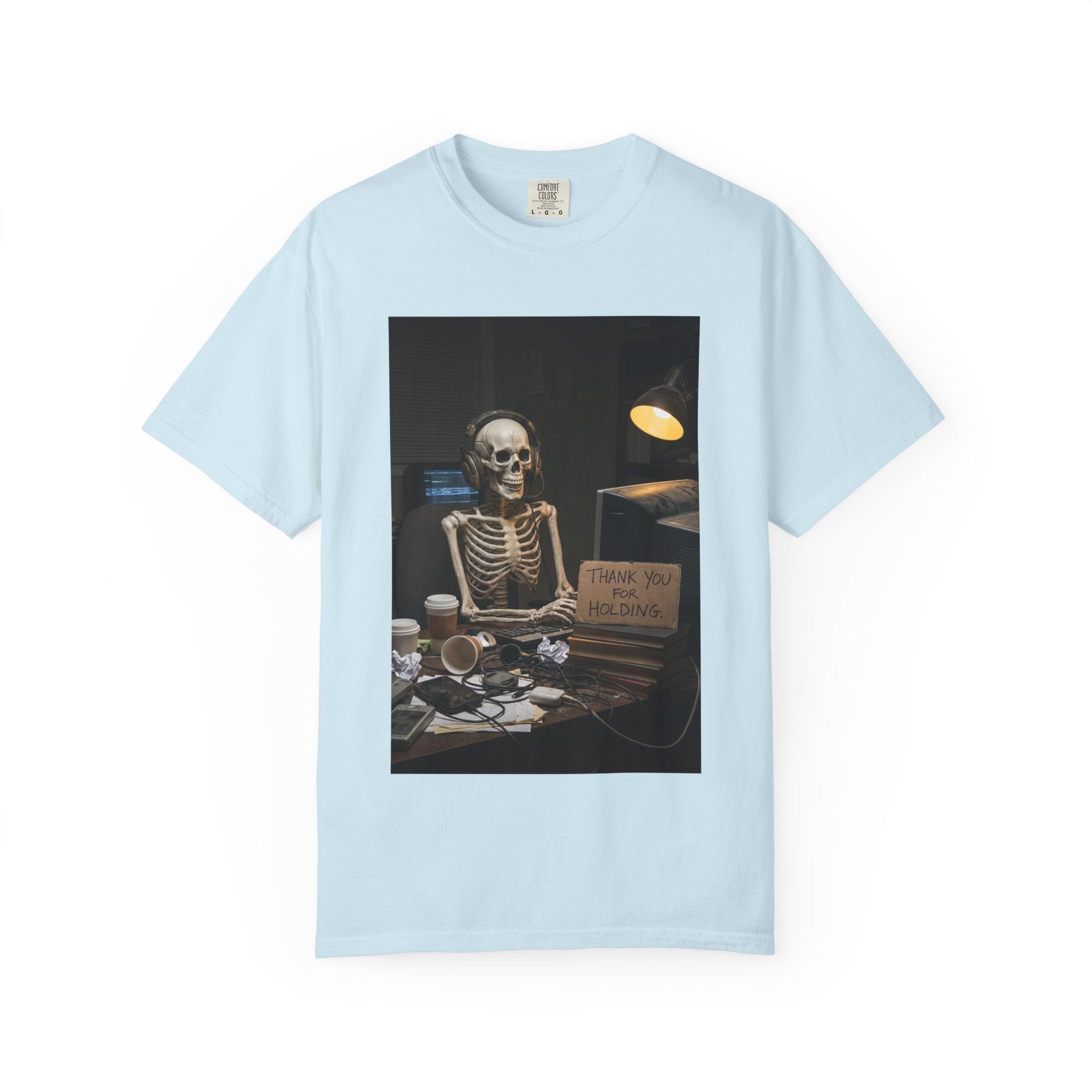 Thank You For Holding Shirt - Skeleton Customer Service Tee - Funny Call Center Humor - Sarcastic Work From Home Gift - Vintage Dark Humor Chambray
