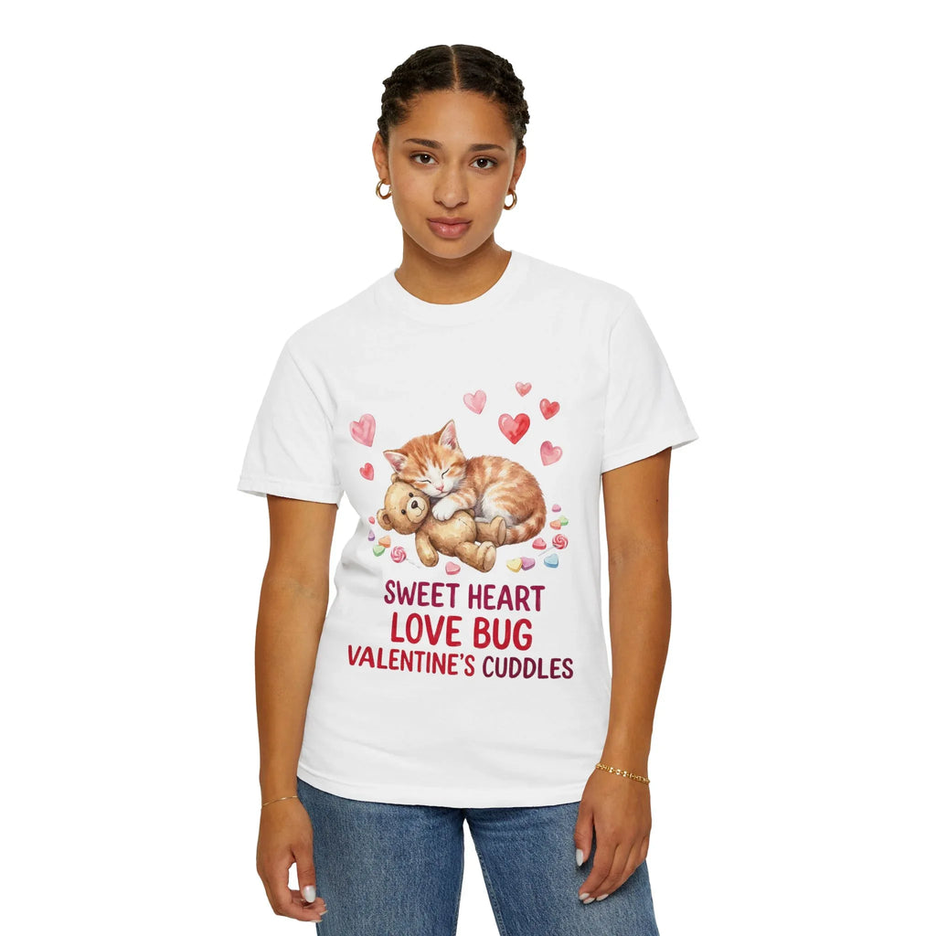 Sleeping Kitten with Teddy Bear Valentine T-Shirt | Sweetheart Love Bug Cuddles | Cozy Vintage Aesthetic | Cute Romantic Gift