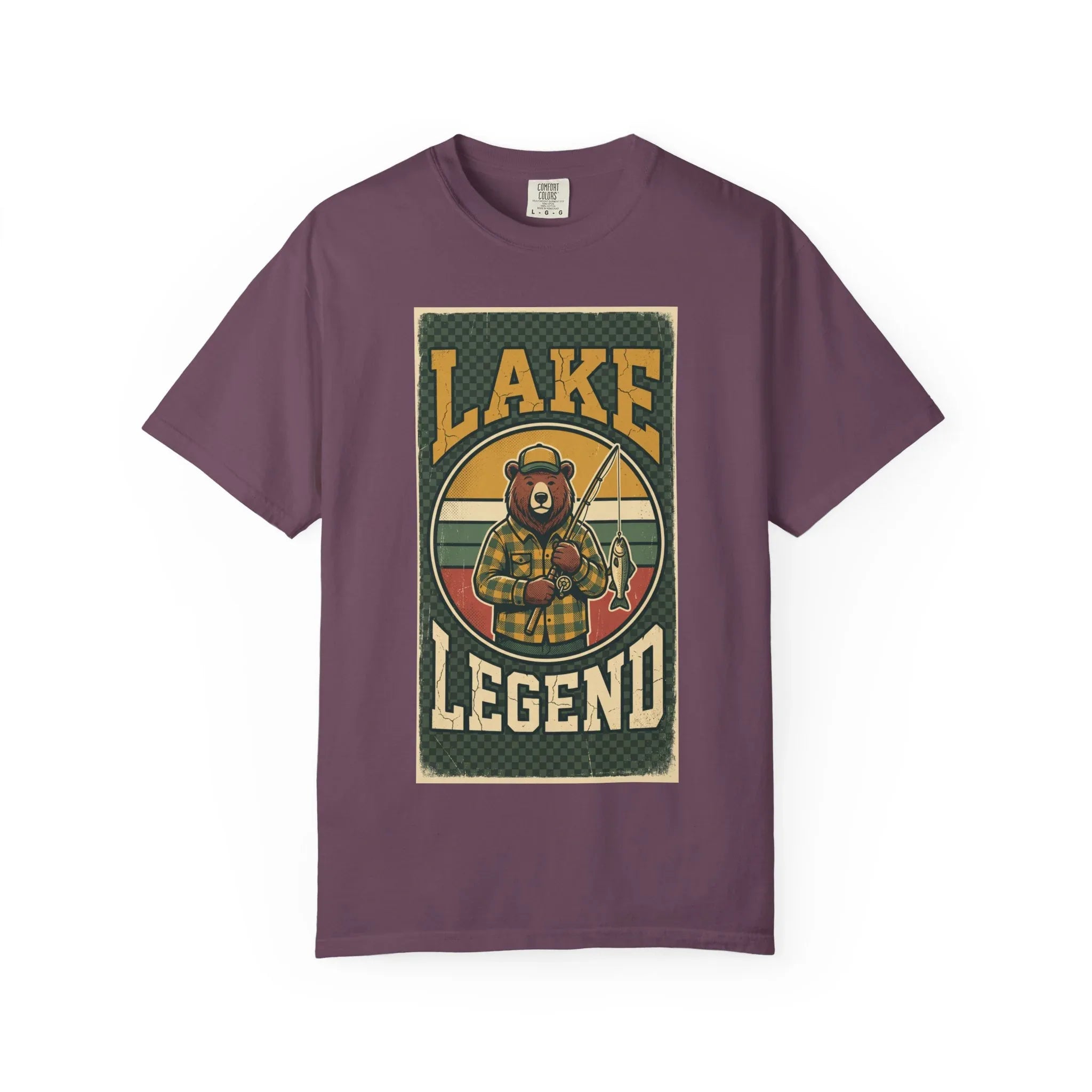 Lake Legend Bear Fishing T-Shirt | Retro Outdoors Graphic Tee | Vintage Cabin Lake Life Shirt | Garment-Dyed Heavyweight Unisex Berry M