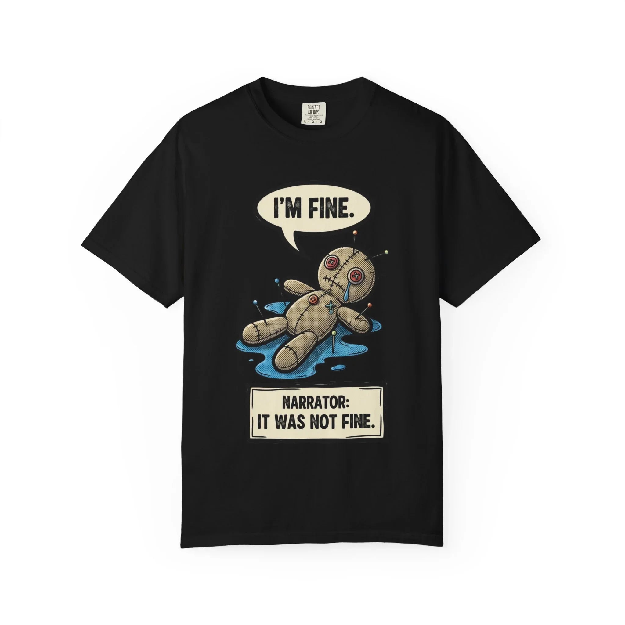 Funny Voodoo Doll "I'm Fine" Shirt - Sarcastic Mental Health Graphic Tee - Retro Comic Dark Humor T-Shirt - Vintage Garment-Dyed Relatable Mood Shirt - Edgy Aesthetic Streetwear Black