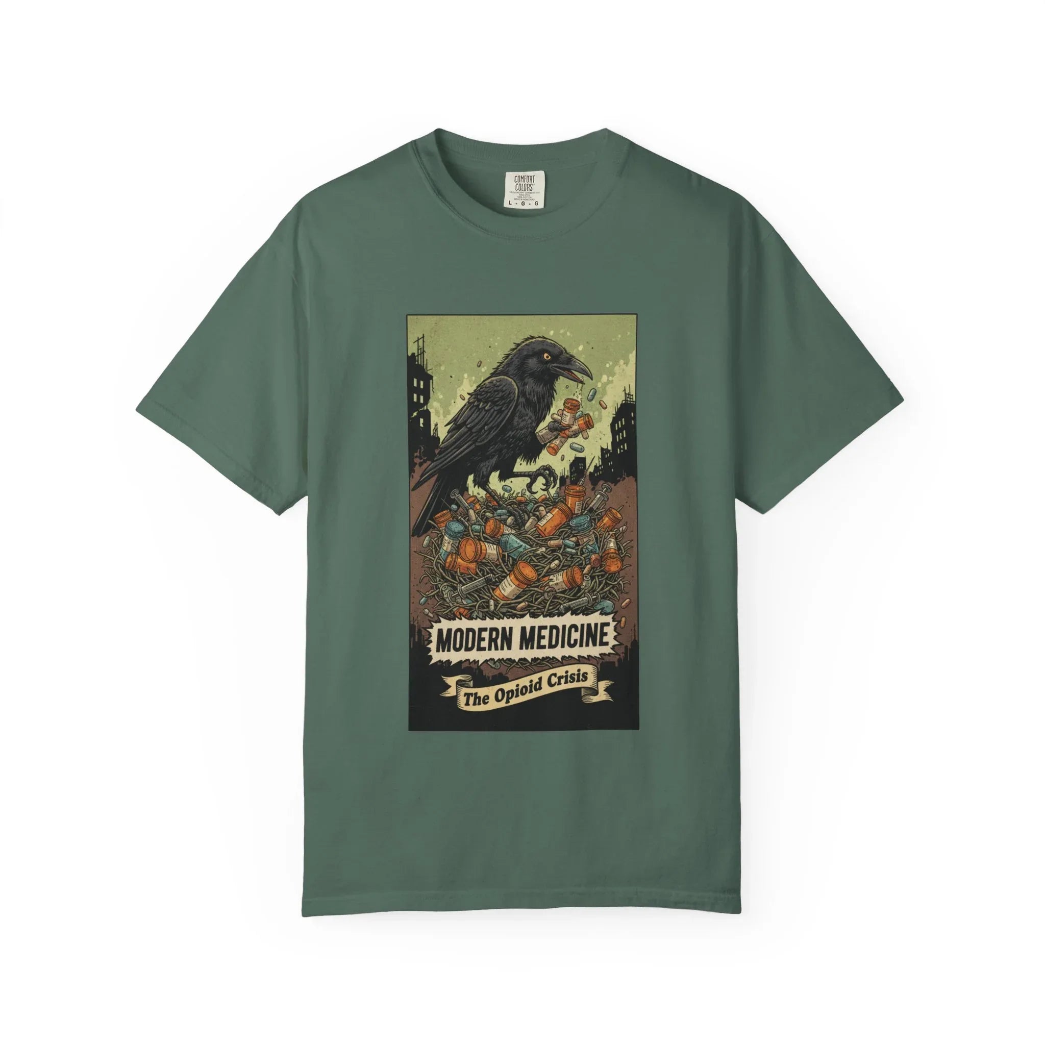Modern Medicine Raven Shirt - Opioid Crisis Satire Tee - Dark Gothic Graphic T-Shirt - Vintage Social Commentary Art - Raven Nest Medicine Bottle Dark Humor Streetwear Blue Spruce
