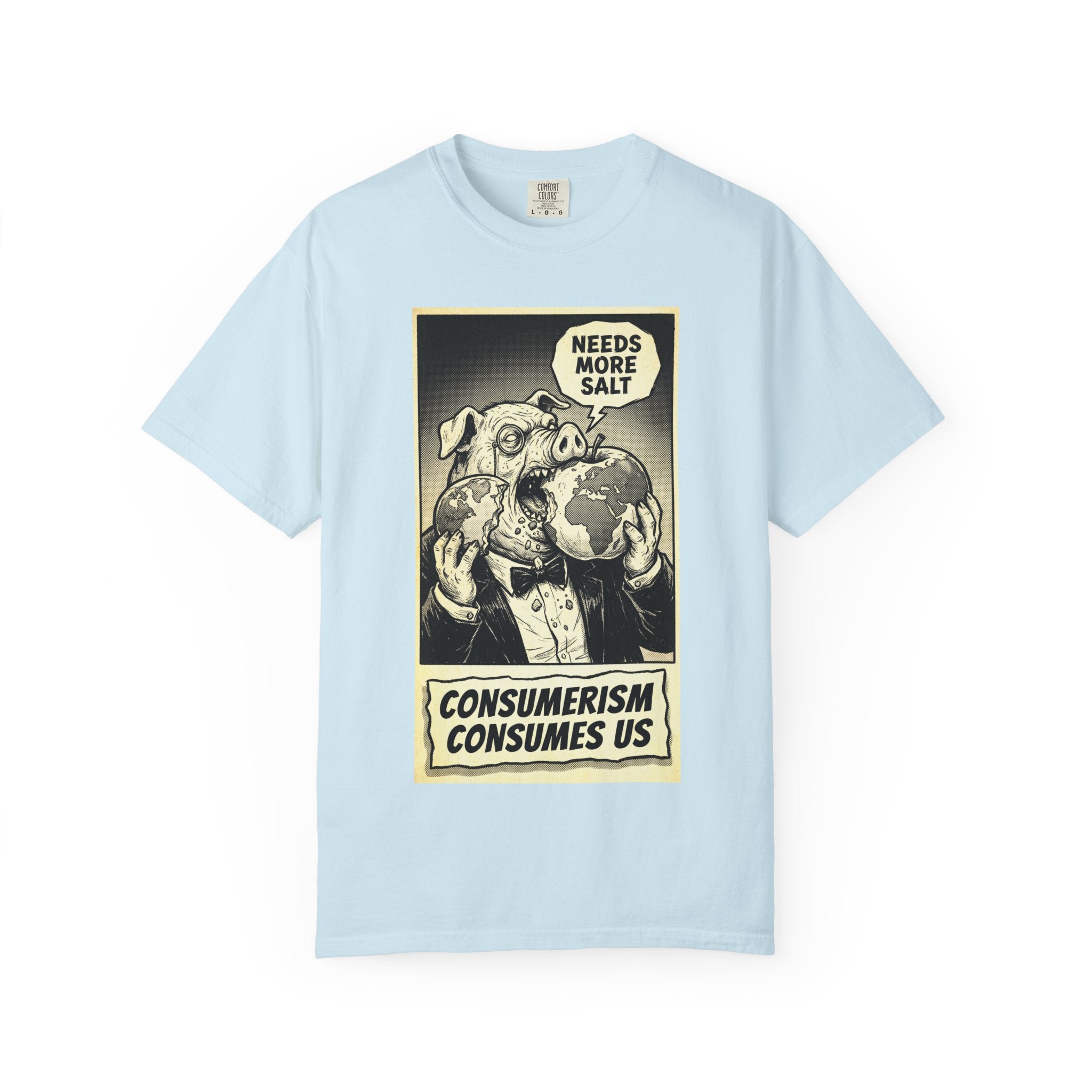 Consumerism Consumes Us T-Shirt | Vintage Satire Corporate Pig Graphic Tee | Anti-Capitalism Activist Apparel Chambray