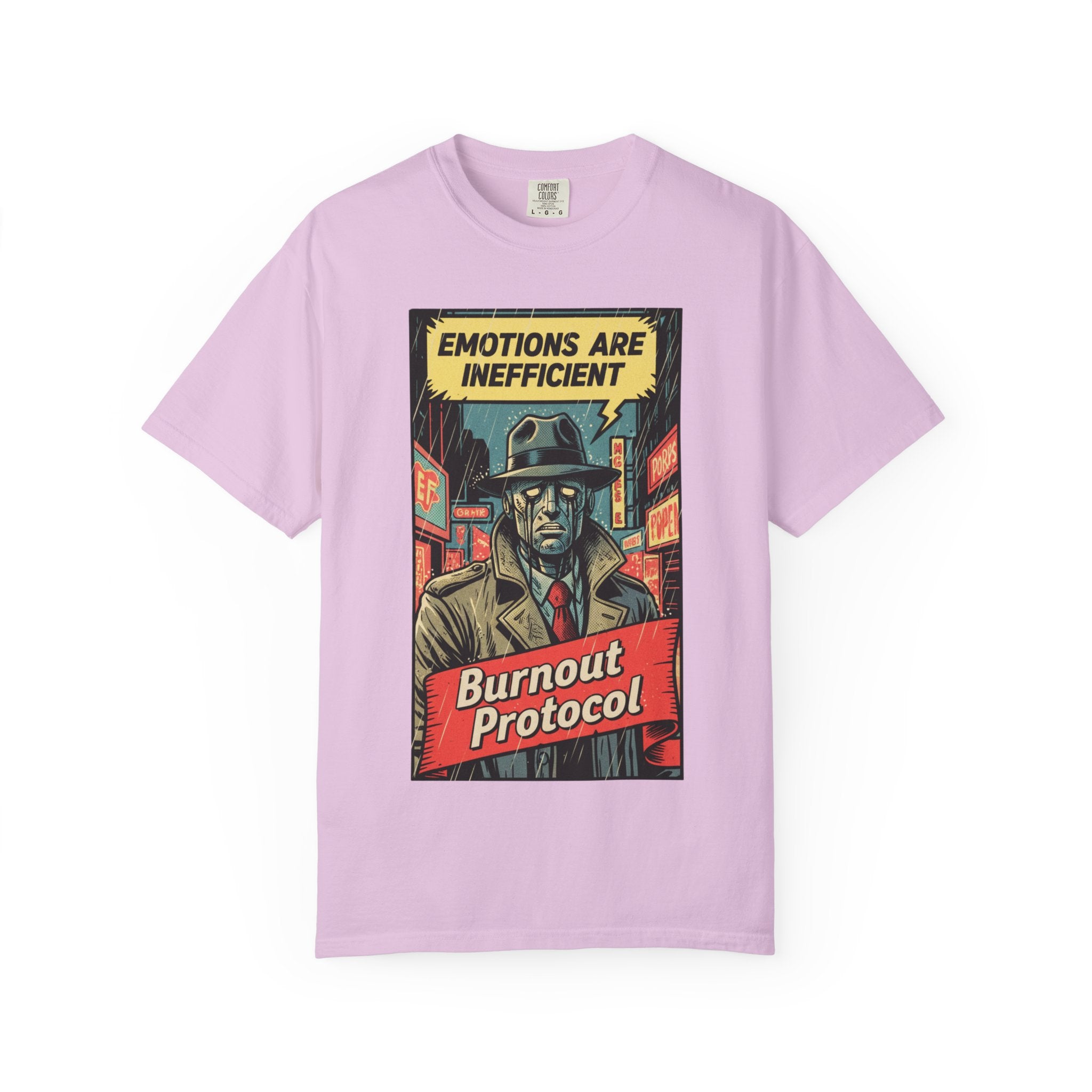 Burnout Protocol Vintage Comic Shirt Retro Robot Detective Graphic Tee Sarcastic Android Art Gift for Tech Workers Software Engineer Noir Orchid