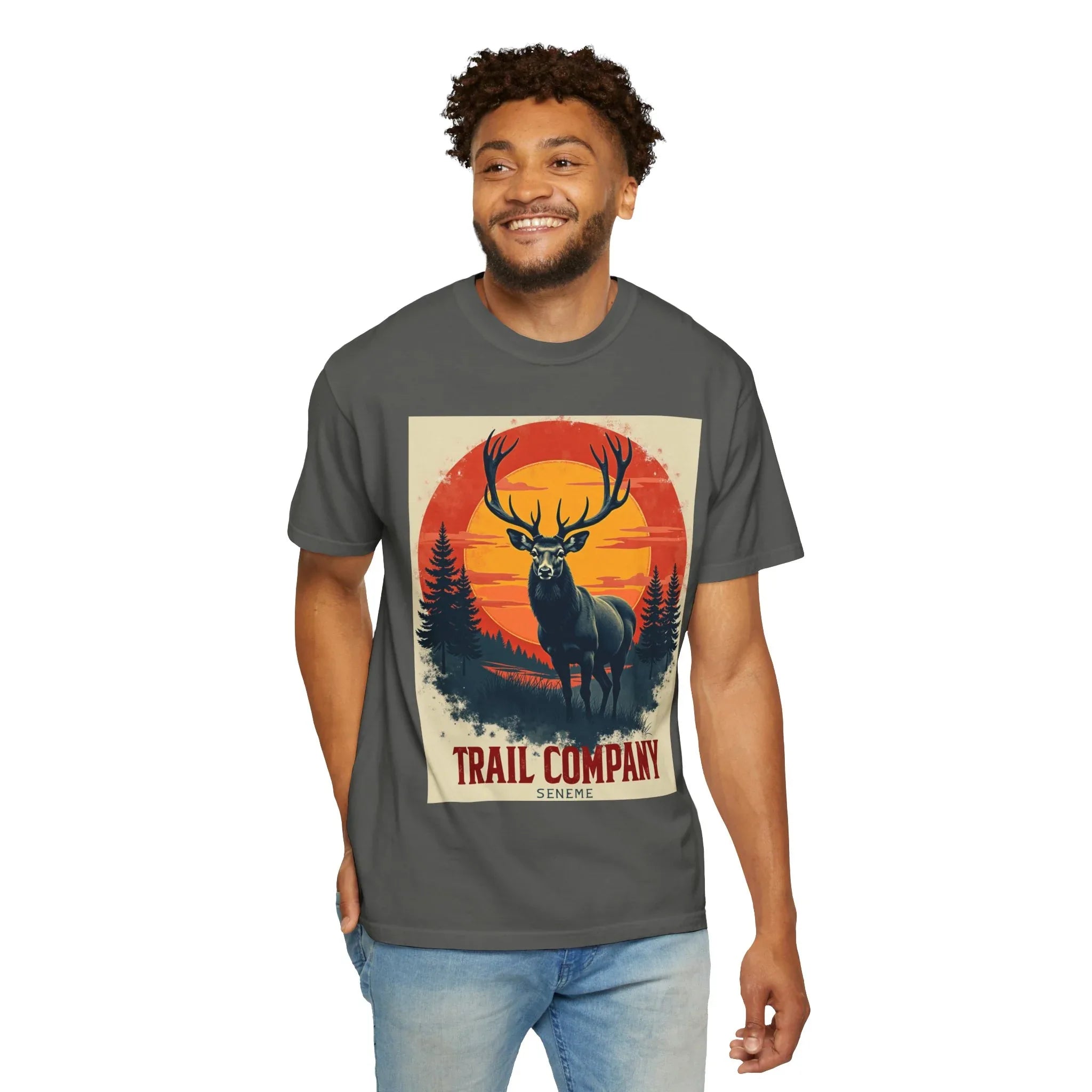 Stag Sunset Trail Company Shirt, Vintage Elk Deer Tee, Retro Sunset Forest T-Shirt, Hiking Camping Cabin Outdoors Gift Pepper