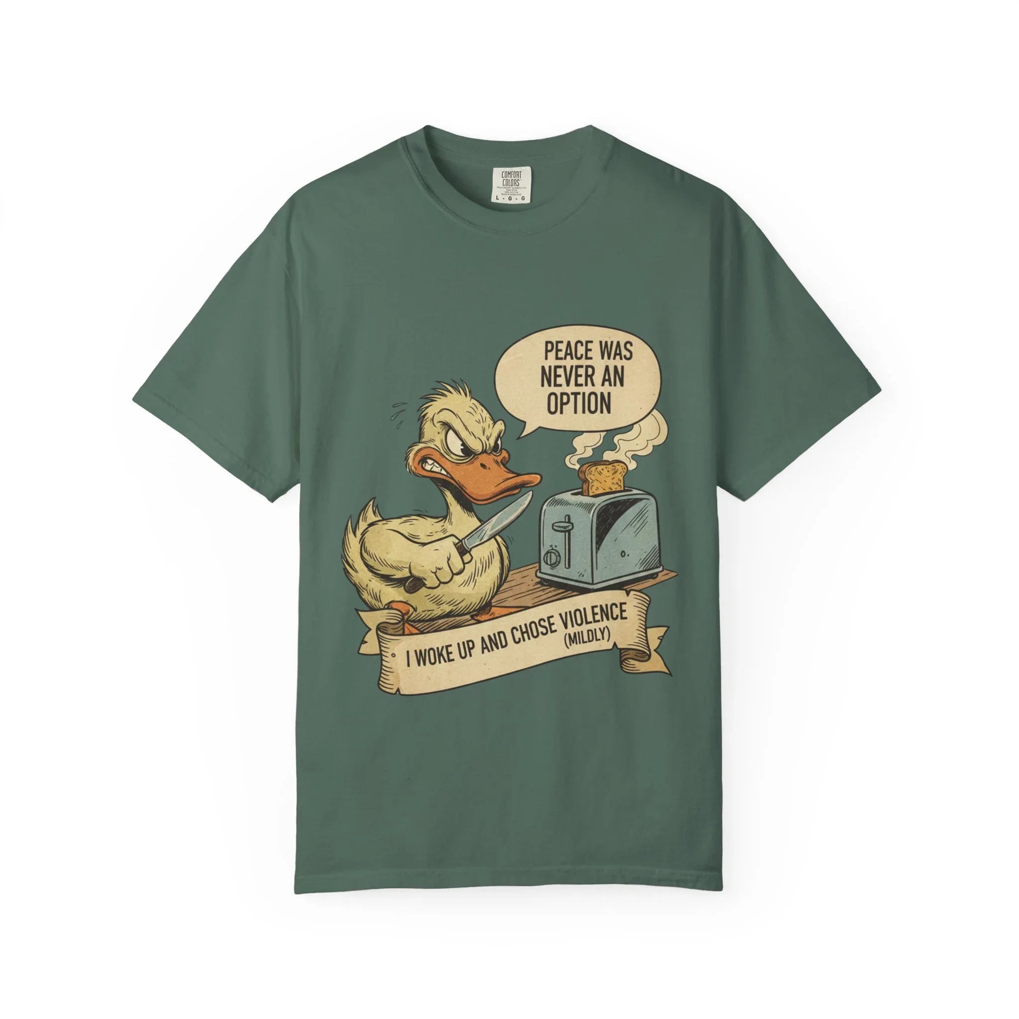 Funny Angry Duck Shirt - "I Woke Up and Chose Violence (Mildly)" Tee - Peace Was Never An Option Shirt - Sarcastic Meme Gift - Retro Comic Style Graphic T-Shirt Blue Spruce