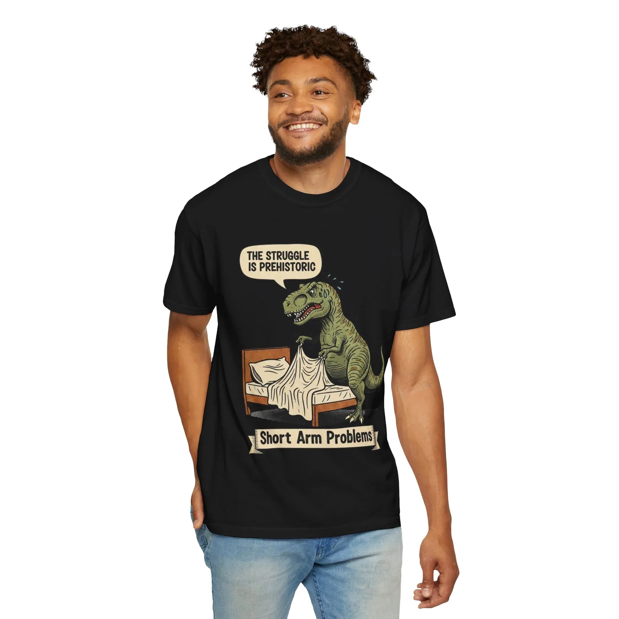 Funny T-Rex Shirt - "The Struggle Is Prehistoric" Graphic Tee - Short Arm Problems Meme Tshirt - Vintage Dinosaur Humorous Gift for Him & Her - Retro Comic Style Top