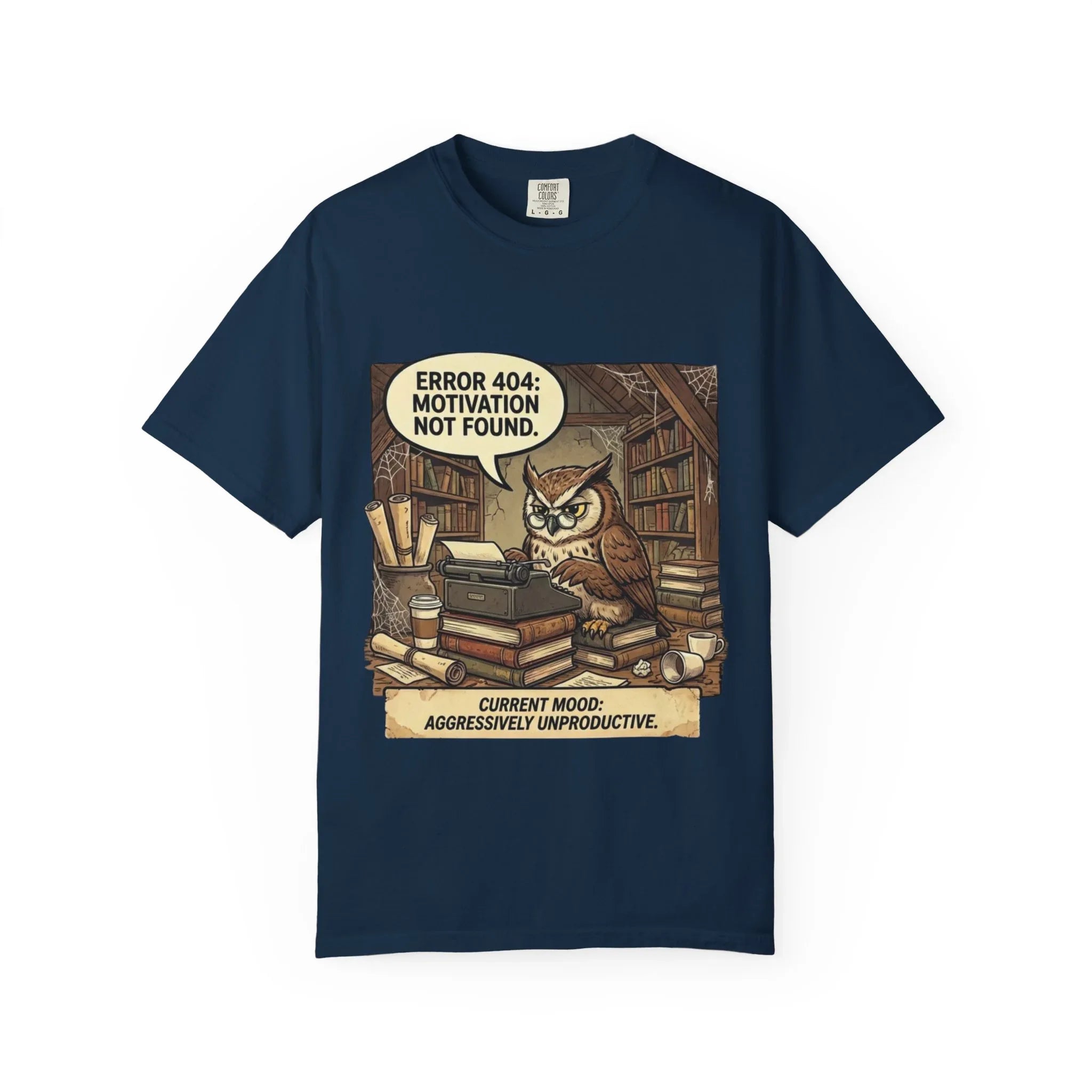 Error 404 Motivation Not Found Owl T-Shirt | Bookish Humor Study Vibes | Funny Programmer Gift | Vintage Sarcastic Student Tee True Navy