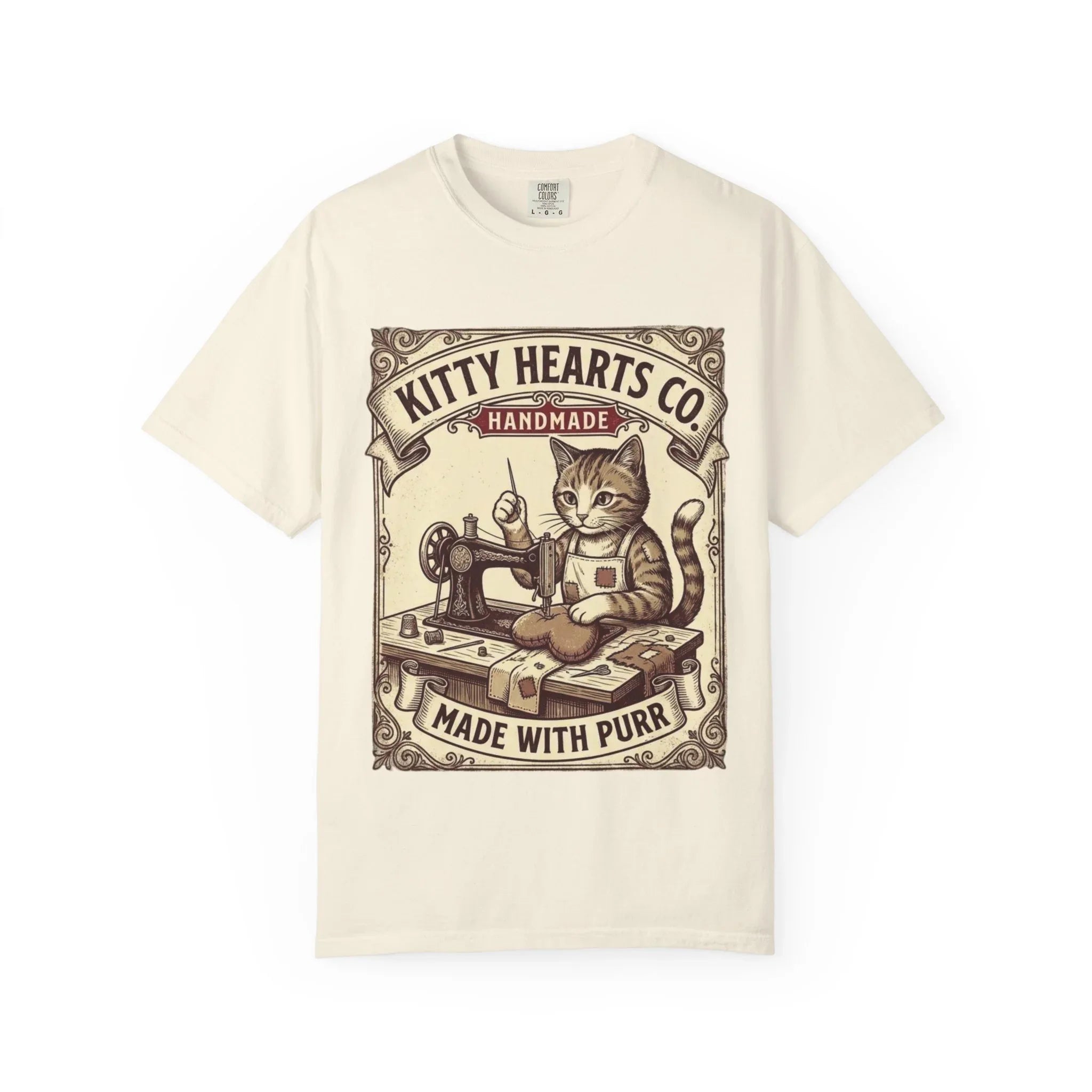 Kitty Hearts Co T-Shirt | Vintage Sewing Cat Made With Purr Graphic Tee | Retro Craft Lover Gift Ivory