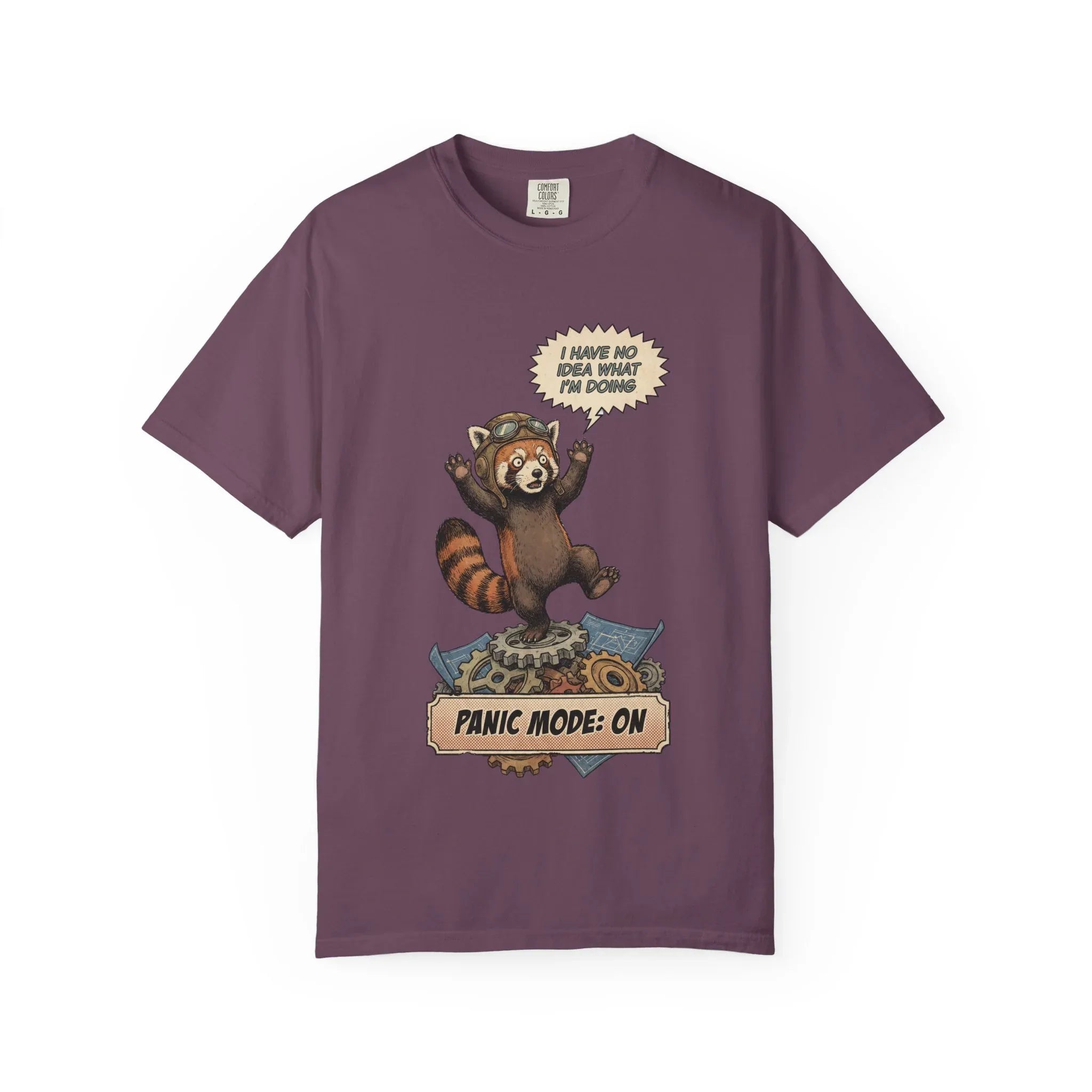 Vintage Red Panda T-Shirt - Funny Engineer Gift - Panicked Pilot Shirt - Imposter Syndrome Meme Tee - Retro Mechanic Animal Graphic - "Panic Mode On" Top Berry M