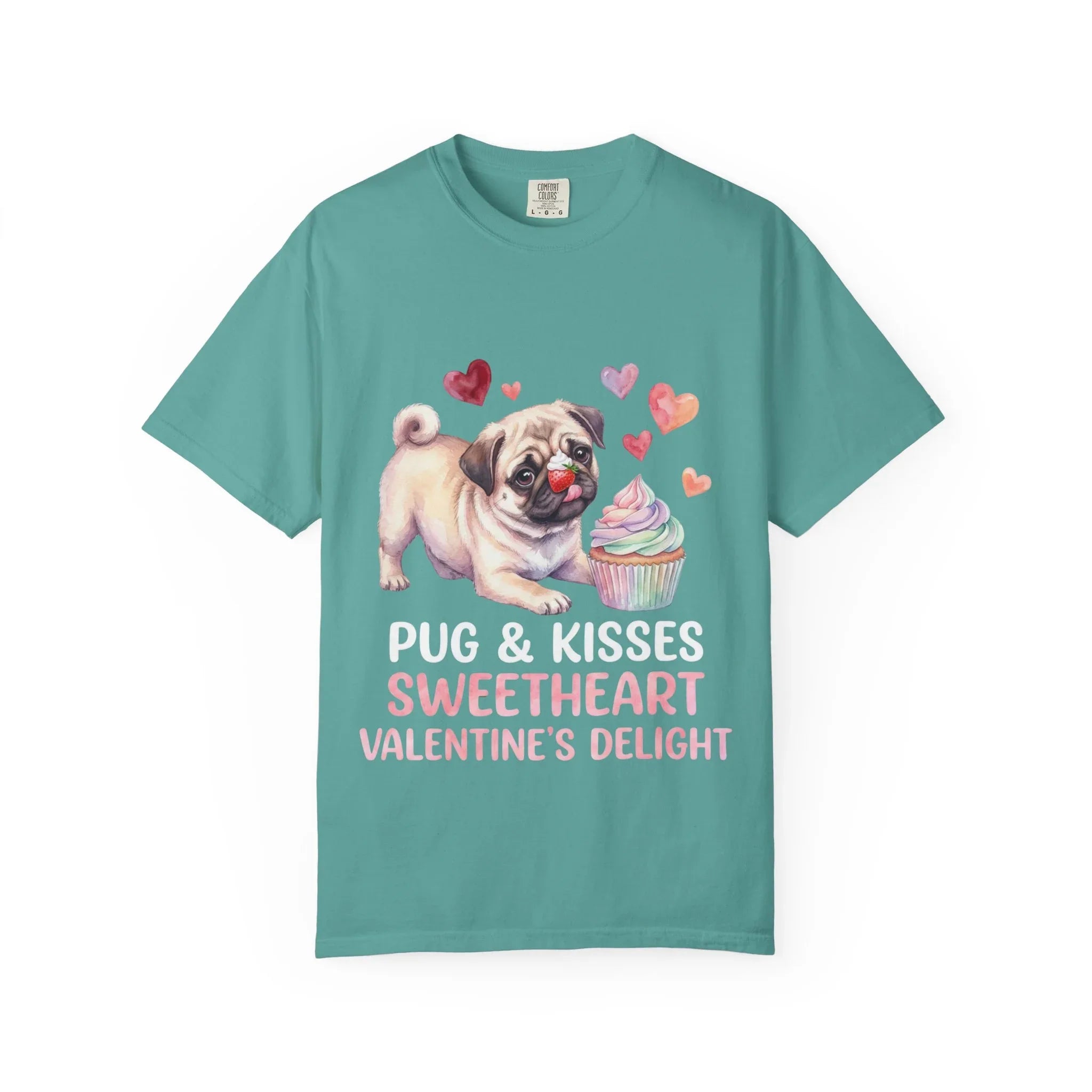 Pug Cupcake Sweetheart Valentines Delight T Shirt Cute Dog Hearts Watercolor Cozy Vintage Aesthetic Gift Pug Lovers Soft Cotton Romantic Tee Seafoam