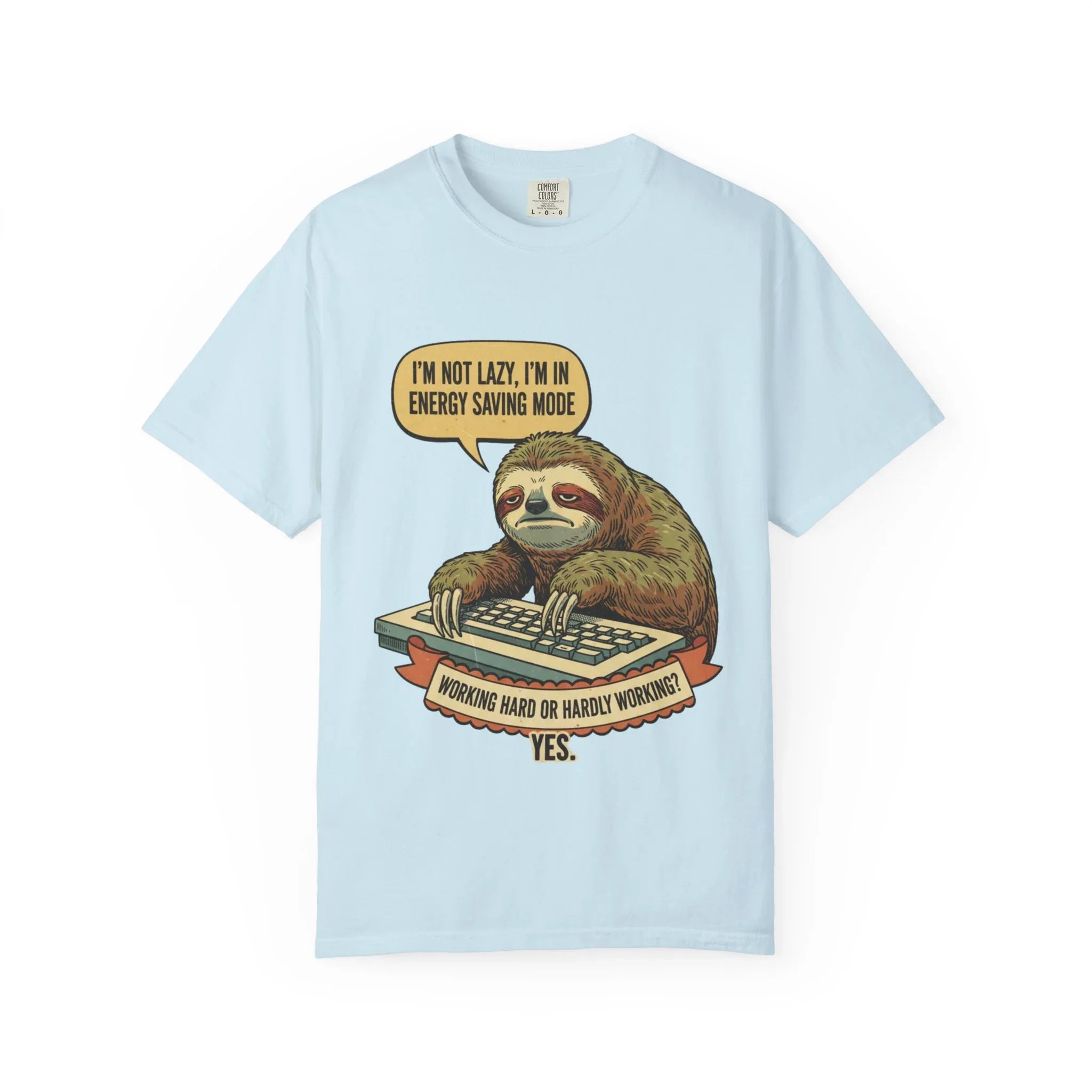 Funny Sloth Shirt - "I'm In Energy Saving Mode" Office Humor Tee - Programmer T-Shirt - Lazy Animal Lover Gift - Retro Style Sloth Graphic Tee Chambray