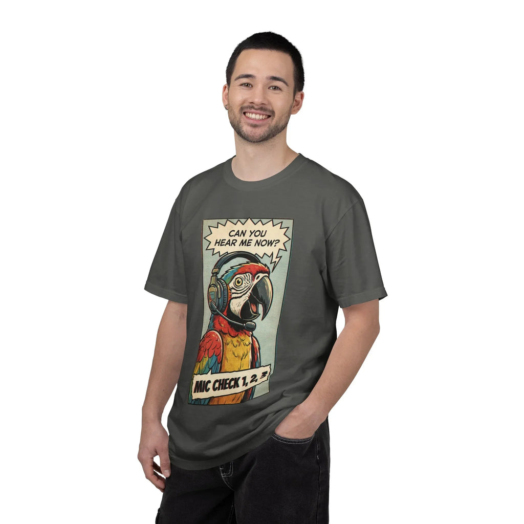 Funny Parrot Gamer Shirt - Vintage Comic Pop Art T-Shirt - Retro Macaw Bird "Mic Check" Graphic Tee - Sarcastic Podcast & Streamer Gift - Aesthetic Bird Lover Streetwear