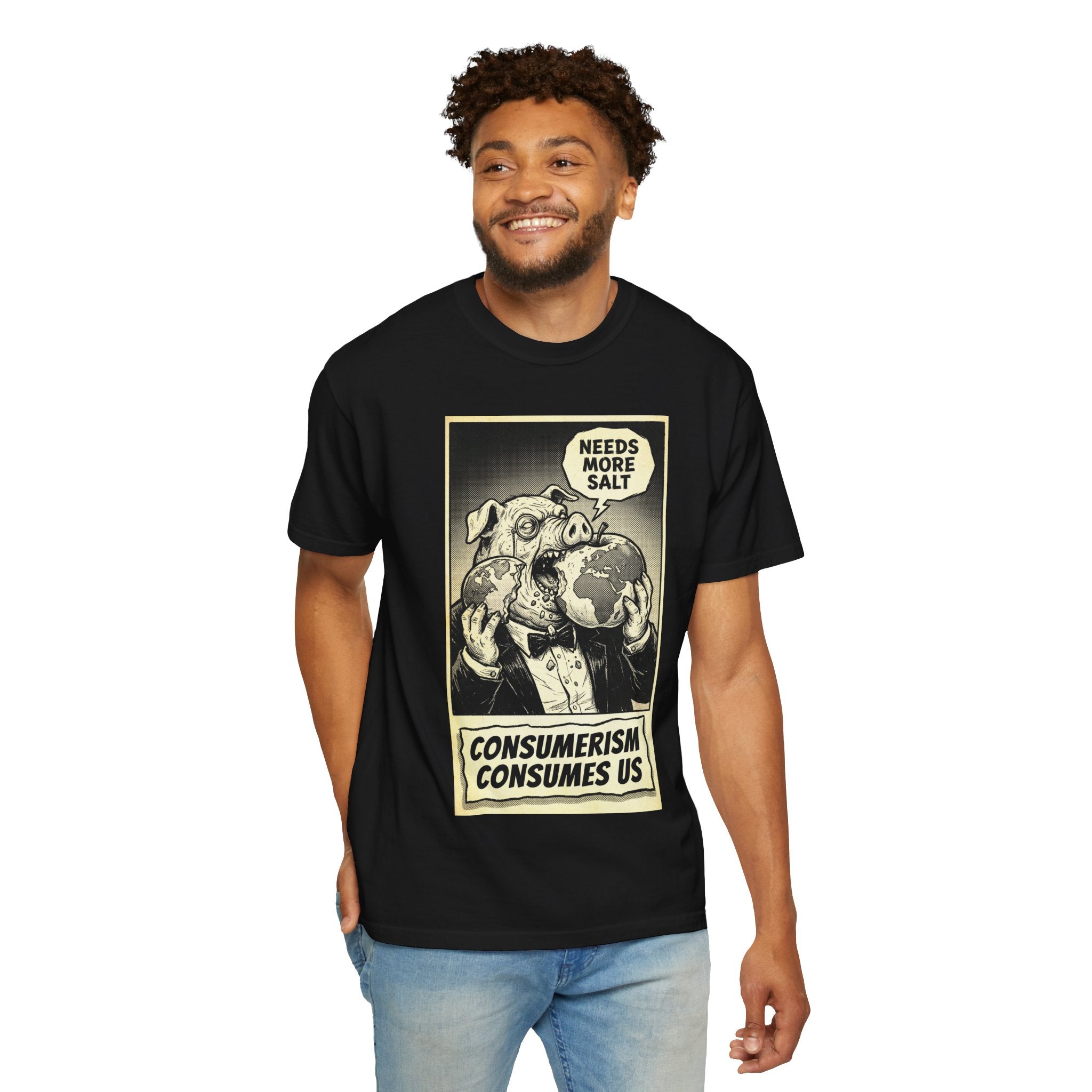 Consumerism Consumes Us T-Shirt | Vintage Satire Corporate Pig Graphic Tee | Anti-Capitalism Activist Apparel