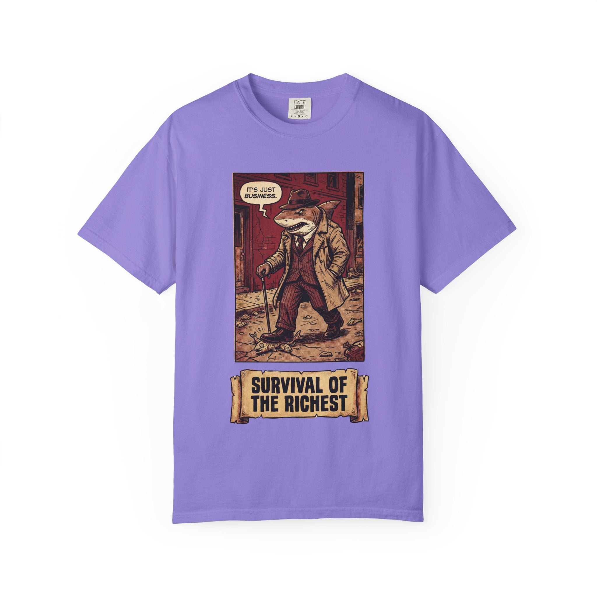 Survival of the Richest Shirt Vintage Business Shark Tee Retro Comic Style Satirical Graphic Top Dark Humor Mafia Art Gift Violet
