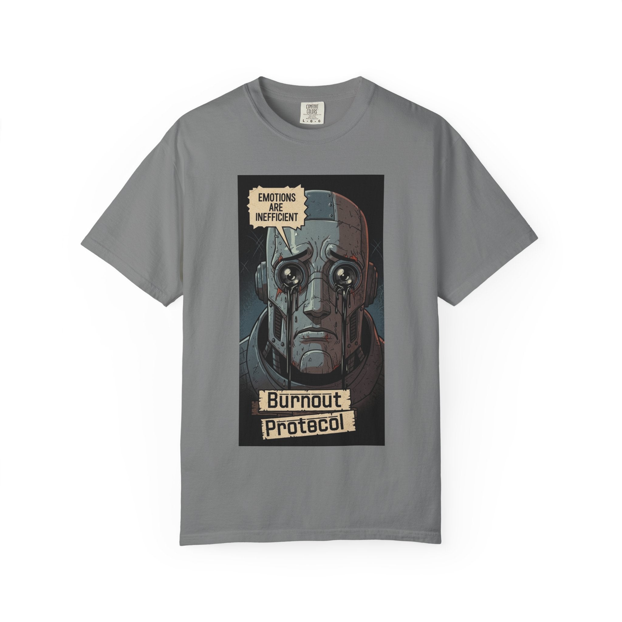 Burnout Protocol Robot Shirt Retro Comic Graphic Tee Sarcastic Android Emotions Are Inefficient Top Vintage Tech Gift for Engineers Grey