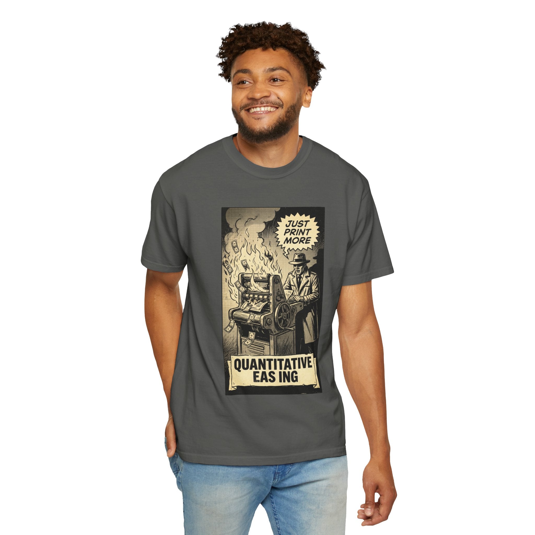 Quantitative Easing Shirt, Funny Finance T-Shirt, Just Print More Money Graphic, Vintage Economic Crisis Tee, Sarcastic Wall Street Apparel Pepper