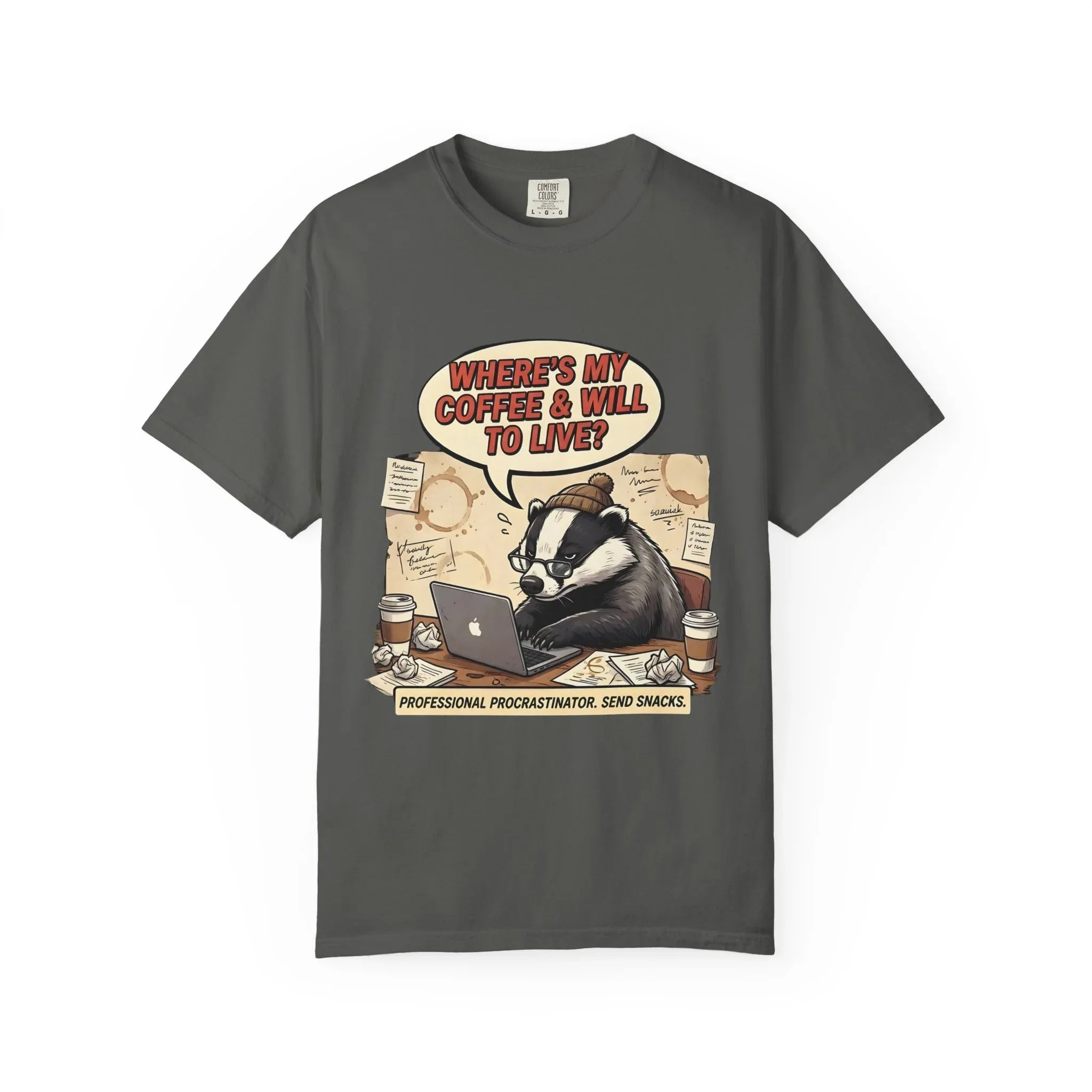 Where's My Coffee and Will to Live Badger T-Shirt | Procrastination Coffee Design | Funny Freelancer Gift | Vintage Sarcastic Humor Tee Pepper