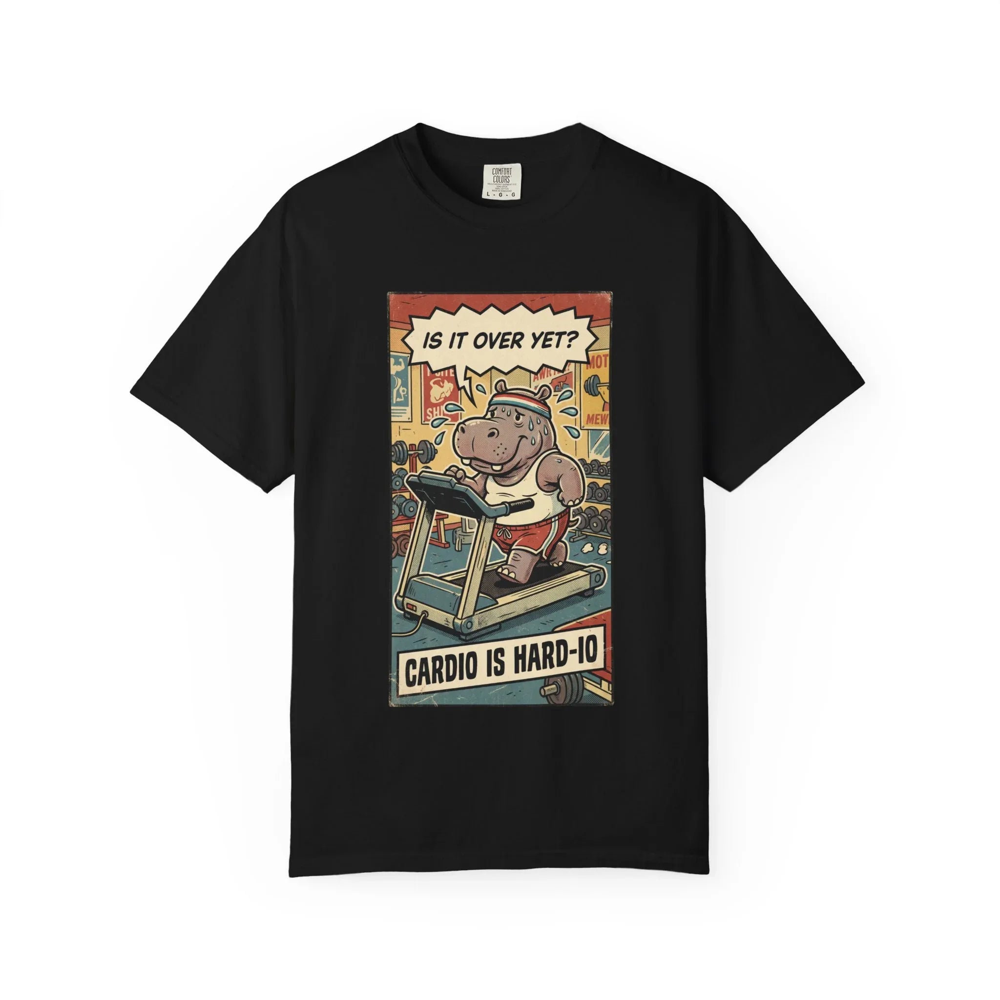 Funny Hippo Cardio Shirt - "Cardio is Hard-io" Retro Gym Tee - Vintage Sarcastic Workout T-Shirt - Humorous Exercise Fitness Gift - Distressed Comic Style Streetwear Black