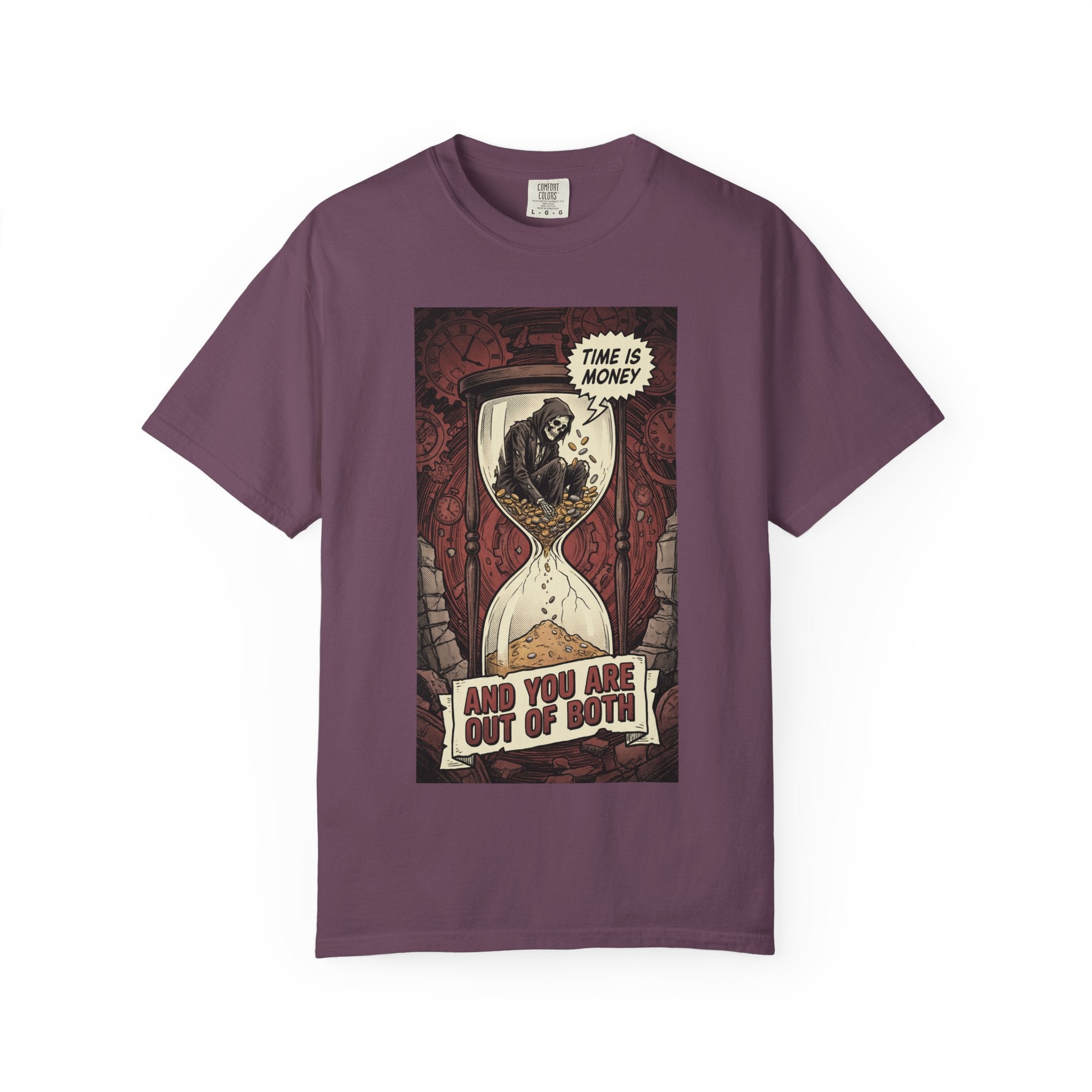Time Is Money Shirt, Out of Both Grim Reaper Tee, Sarcastic Financial Satire Shirt, Vintage Grunge Hourglass Apparel, Dark Humor Philosophy Gift Berry