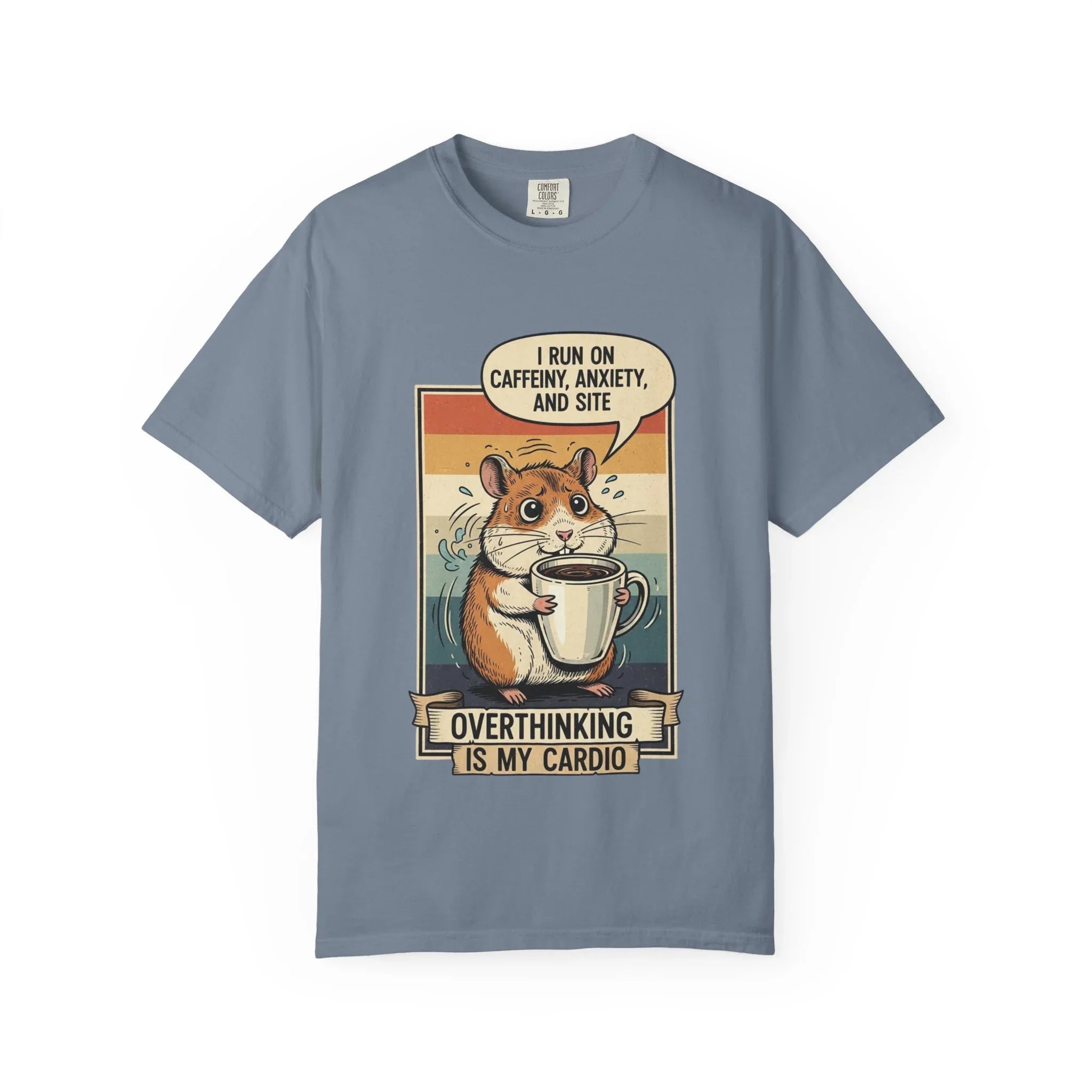 Funny Overthinking Hamster T-Shirt - "Overthinking is My Cardio" Retro Coffee Lover Gift - Sarcastic Mental Health Tee - Vintage Hamster Mom & Dad Gift - Nervous Animal Graphic Top Blue Jean