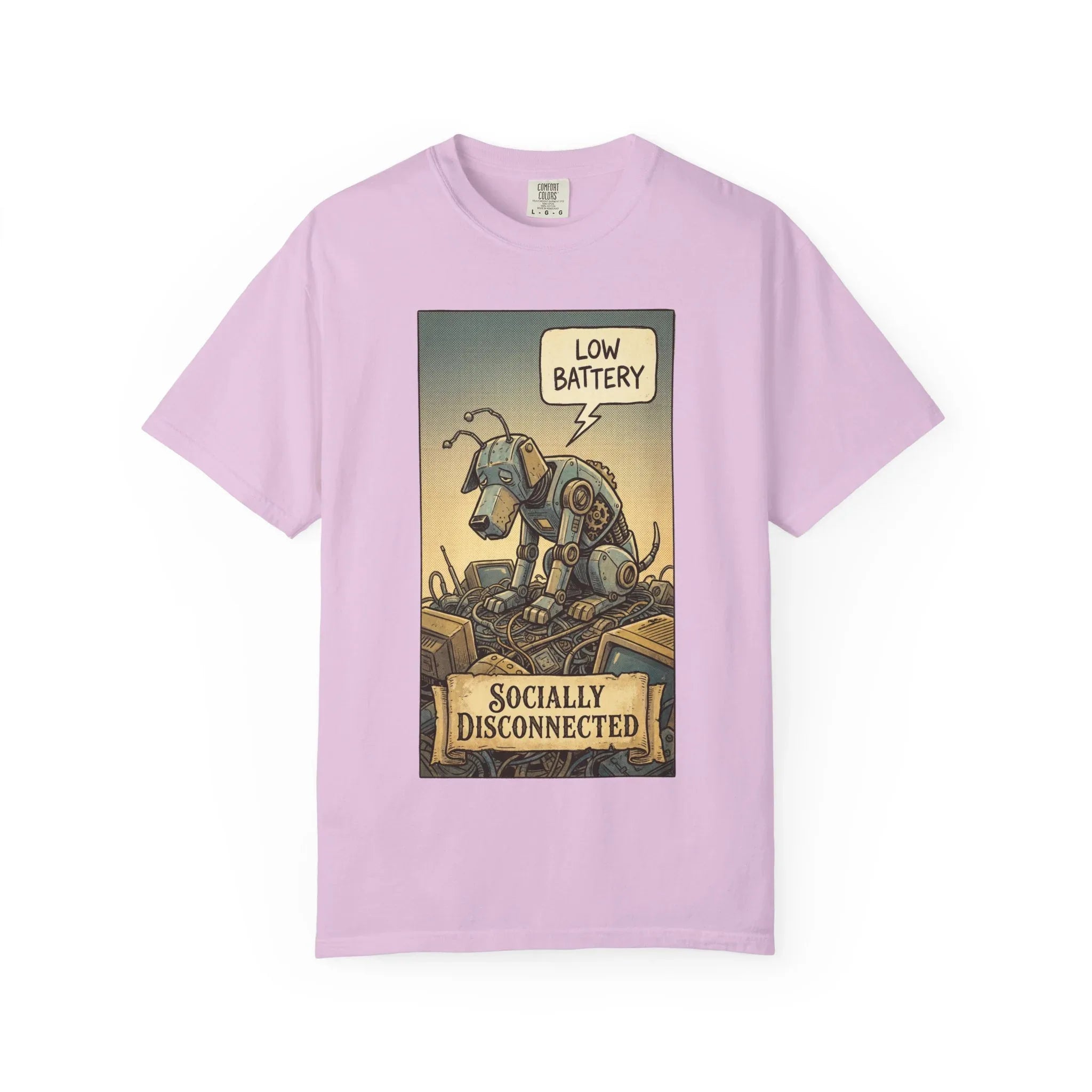 Socially Disconnected Robot Dog Shirt - Vintage Retro Comic Tee - Social Battery Introvert Gift - Satirical Humor Aesthetic T-Shirt - Relatables Low Battery Robot Graphic Tee Orchid
