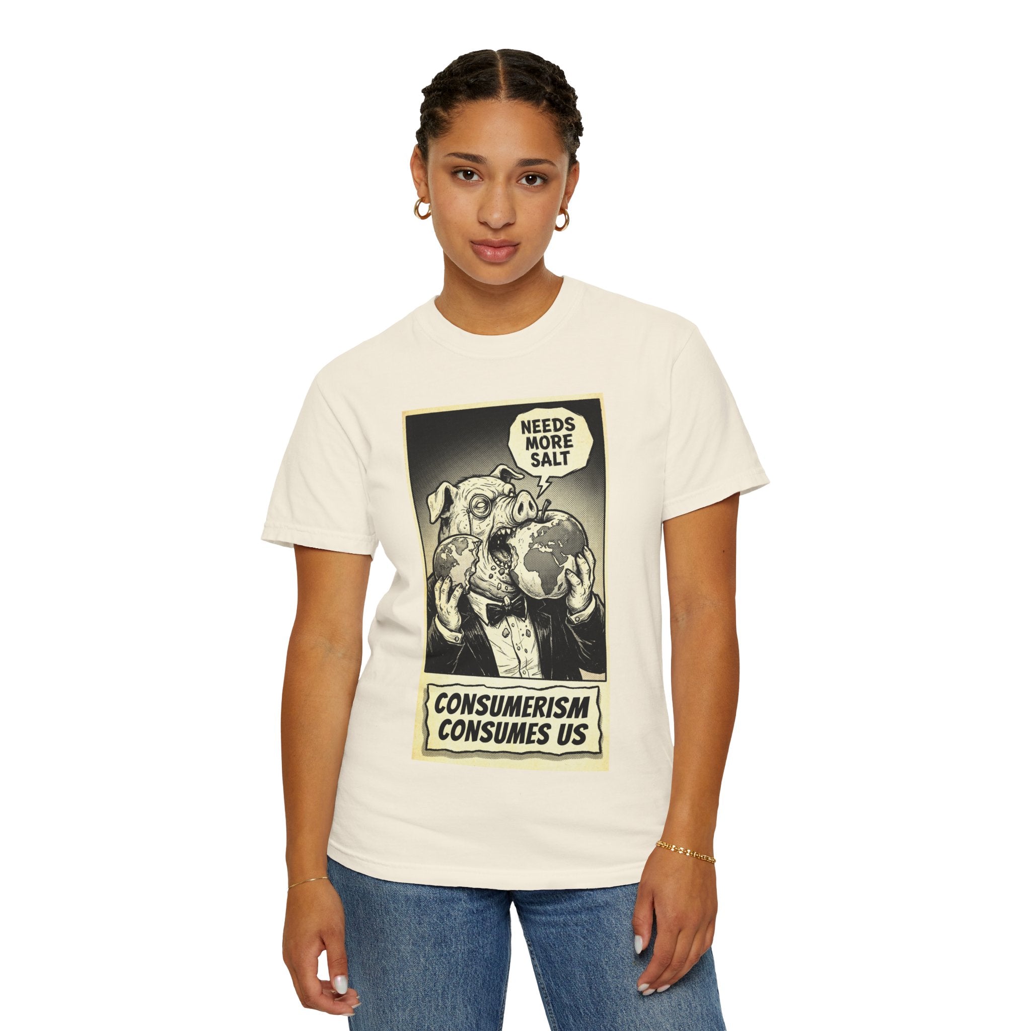 Consumerism Consumes Us T-Shirt | Vintage Satire Corporate Pig Graphic Tee | Anti-Capitalism Activist Apparel
