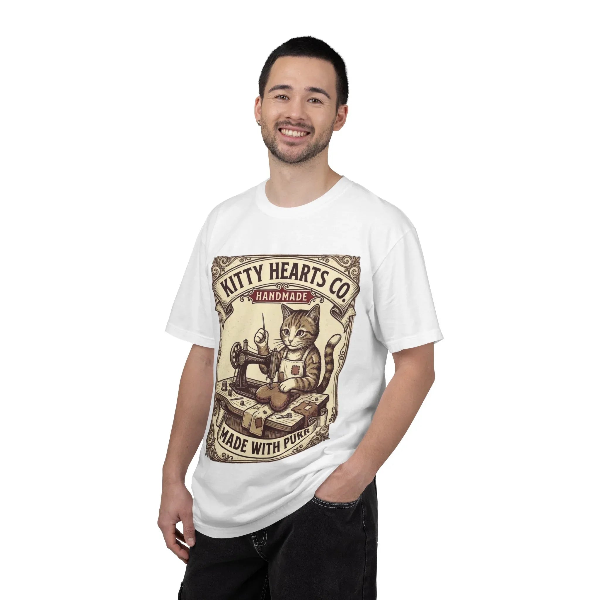 Kitty Hearts Co T-Shirt | Vintage Sewing Cat Made With Purr Graphic Tee | Retro Craft Lover Gift