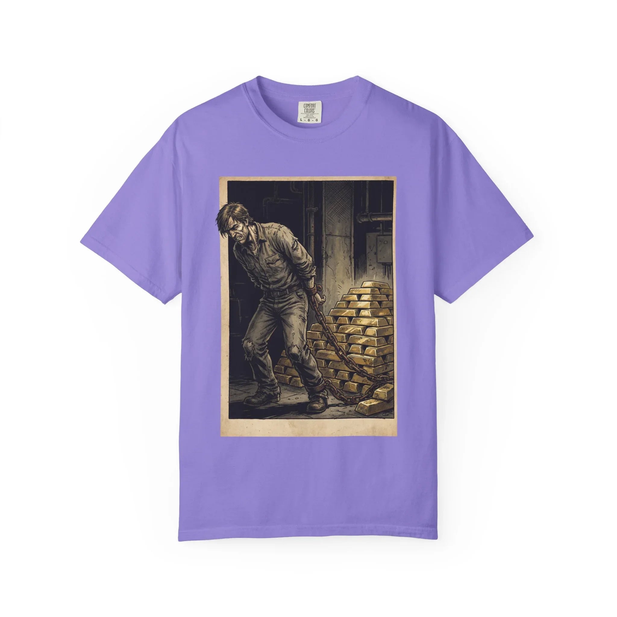 Heavy Gold Chains Satirical Shirt - Gritty Comic Art Tee - "Golden Burden" Wealth Trap Graphic - Vintage Prisoner of Greed Gift - Dark Humor Satire Streetwear Violet