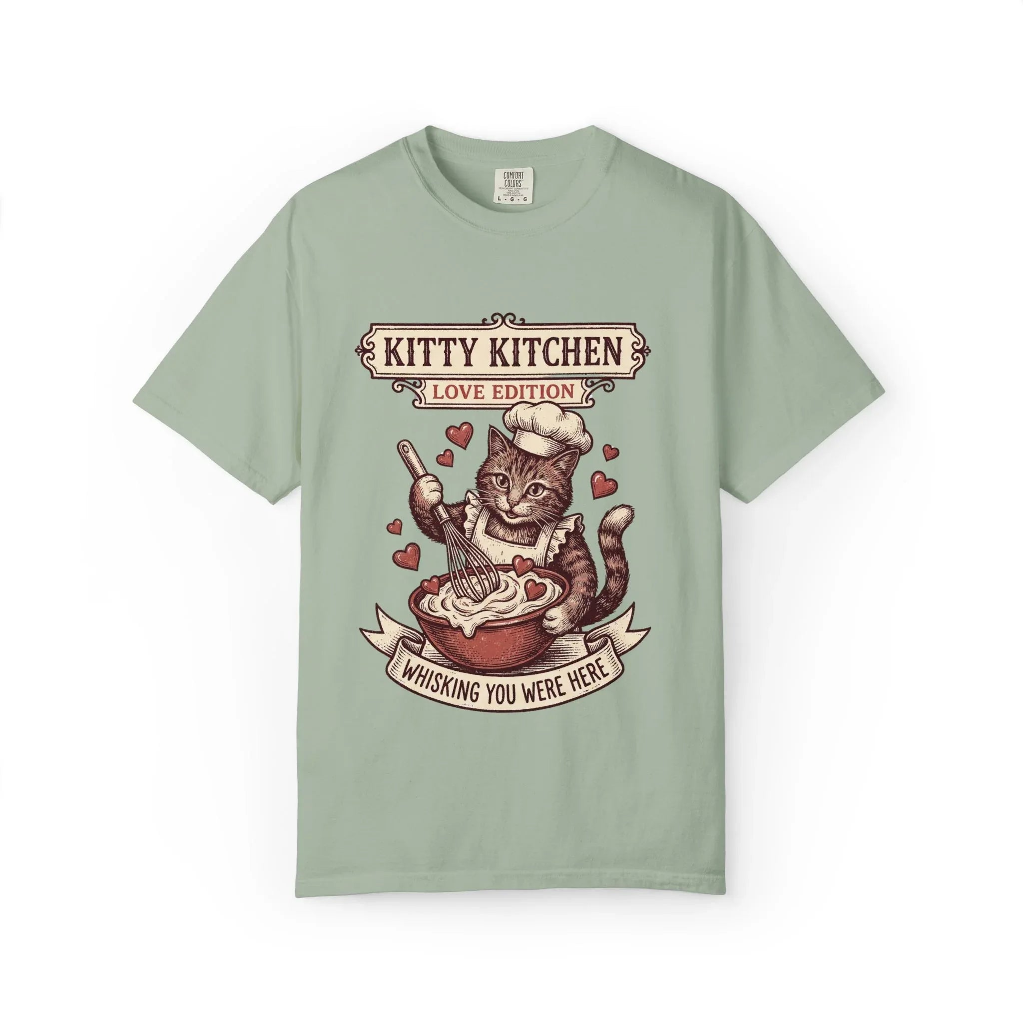 Kitty Kitchen Love T-Shirt | Vintage Cat Chef Whisking You Were Here Graphic Tee Bay