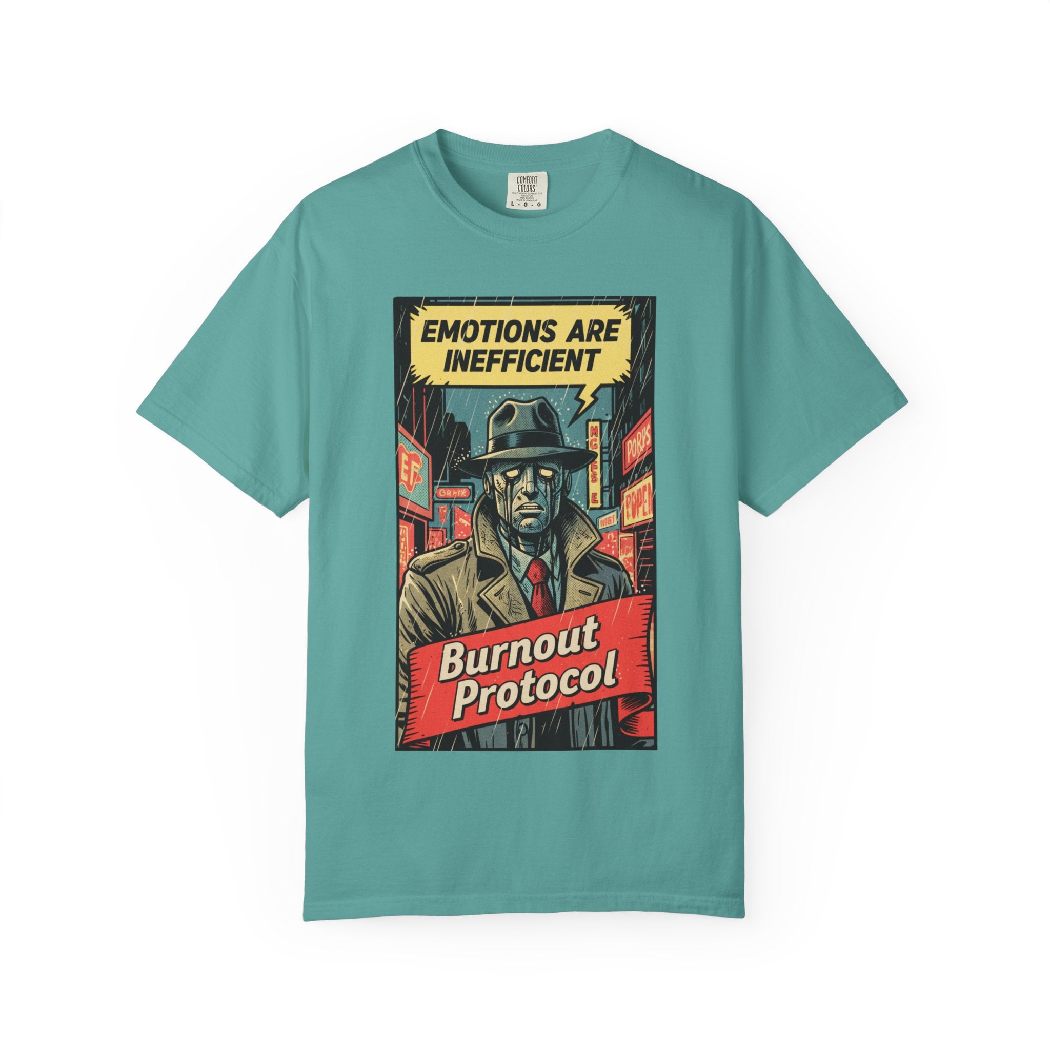 Burnout Protocol Vintage Comic Shirt Retro Robot Detective Graphic Tee Sarcastic Android Art Gift for Tech Workers Software Engineer Noir Seafoam