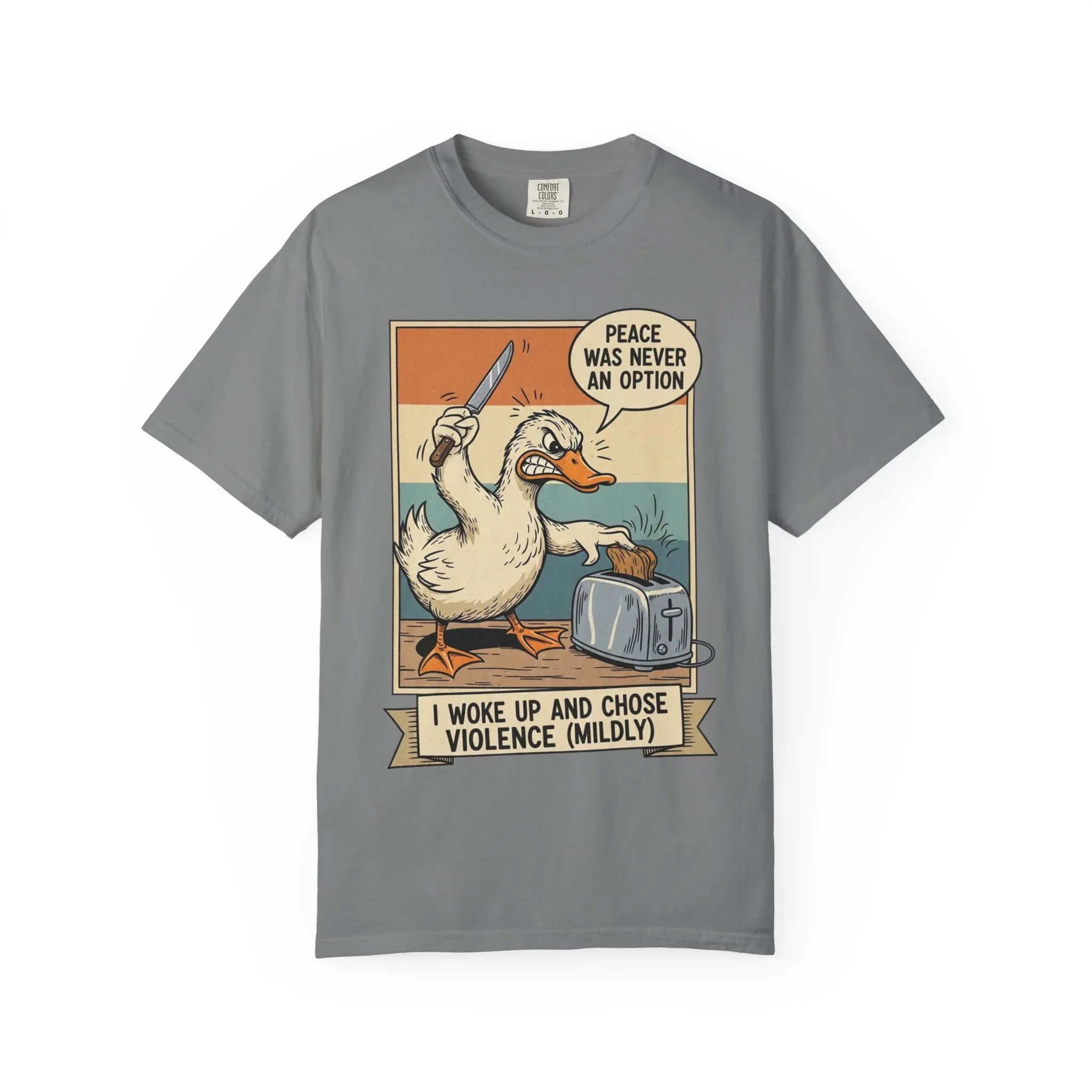 Funny Duck Shirt Meme Peace Was Never An Option Retro Vintage Aesthetic Angry Bird Knife Graphic Tee Sarcastic Gift for Friend Grey