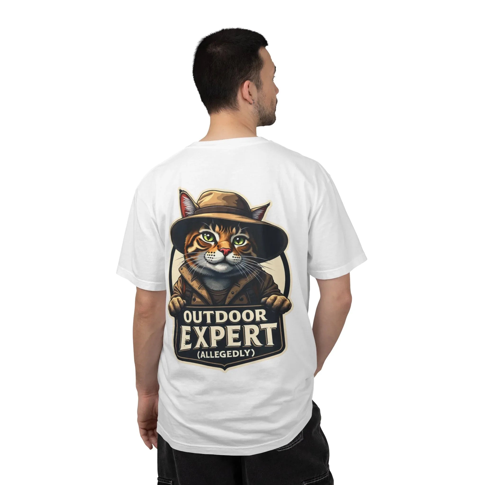 Outdoor Expert Cat T-Shirt, Outdoor Expert (Allegedly) Back Print Tee, Funny Camping Cat in Fedora Badge, Unisex Garment-Dyed
