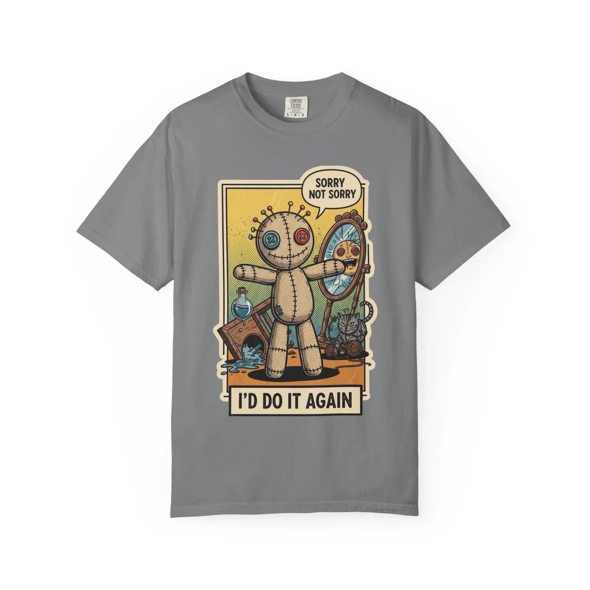 Sorry Not Sorry Voodoo Doll Shirt - Sarcastic "I'd Do It Again" Graphic Tee - Retro Comic Dark Humor T-Shirt - Vintage Black Cat Aesthetic Streetwear - Unapologetic Mood Gift Grey