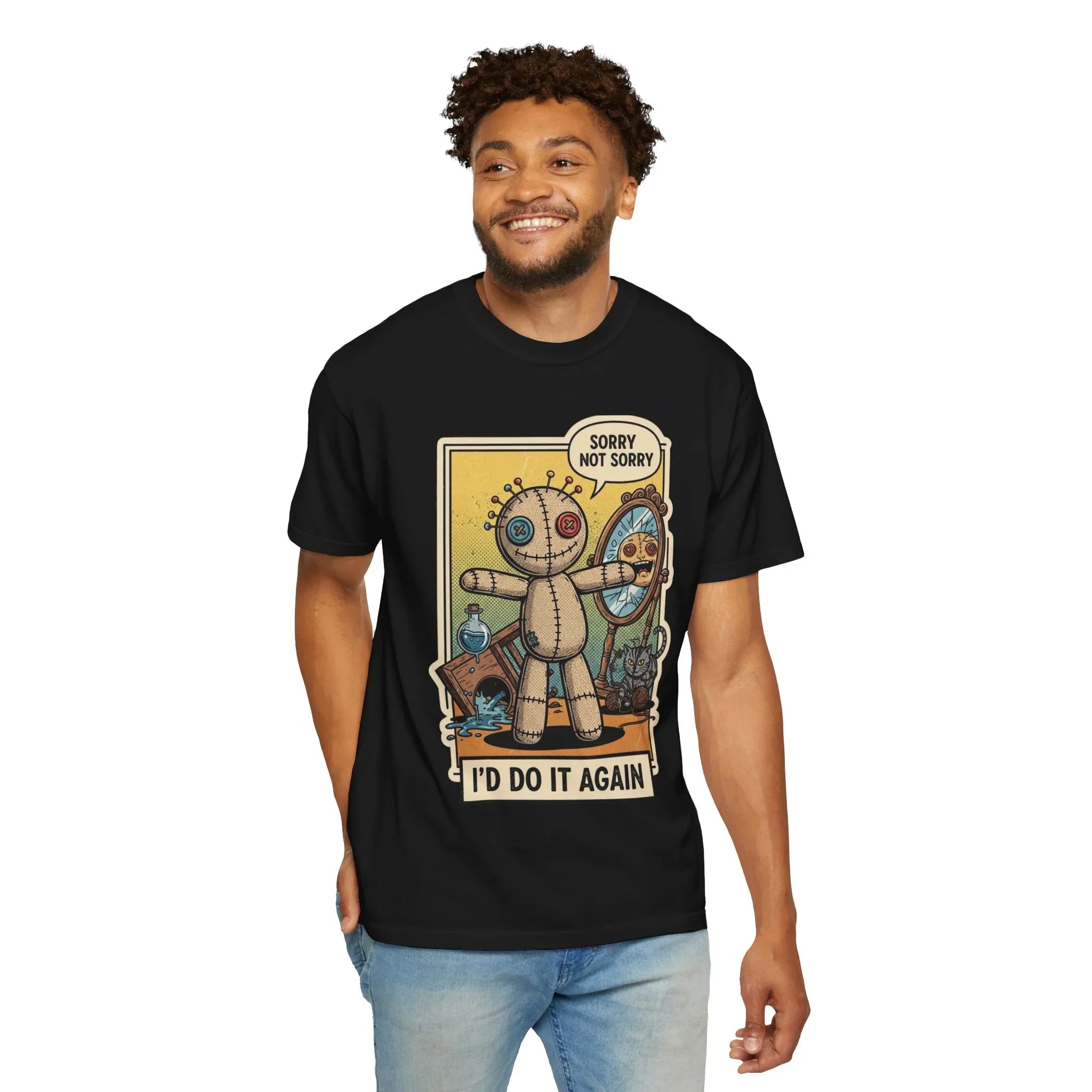 Sorry Not Sorry Voodoo Doll Shirt - Sarcastic "I'd Do It Again" Graphic Tee - Retro Comic Dark Humor T-Shirt - Vintage Black Cat Aesthetic Streetwear - Unapologetic Mood Gift