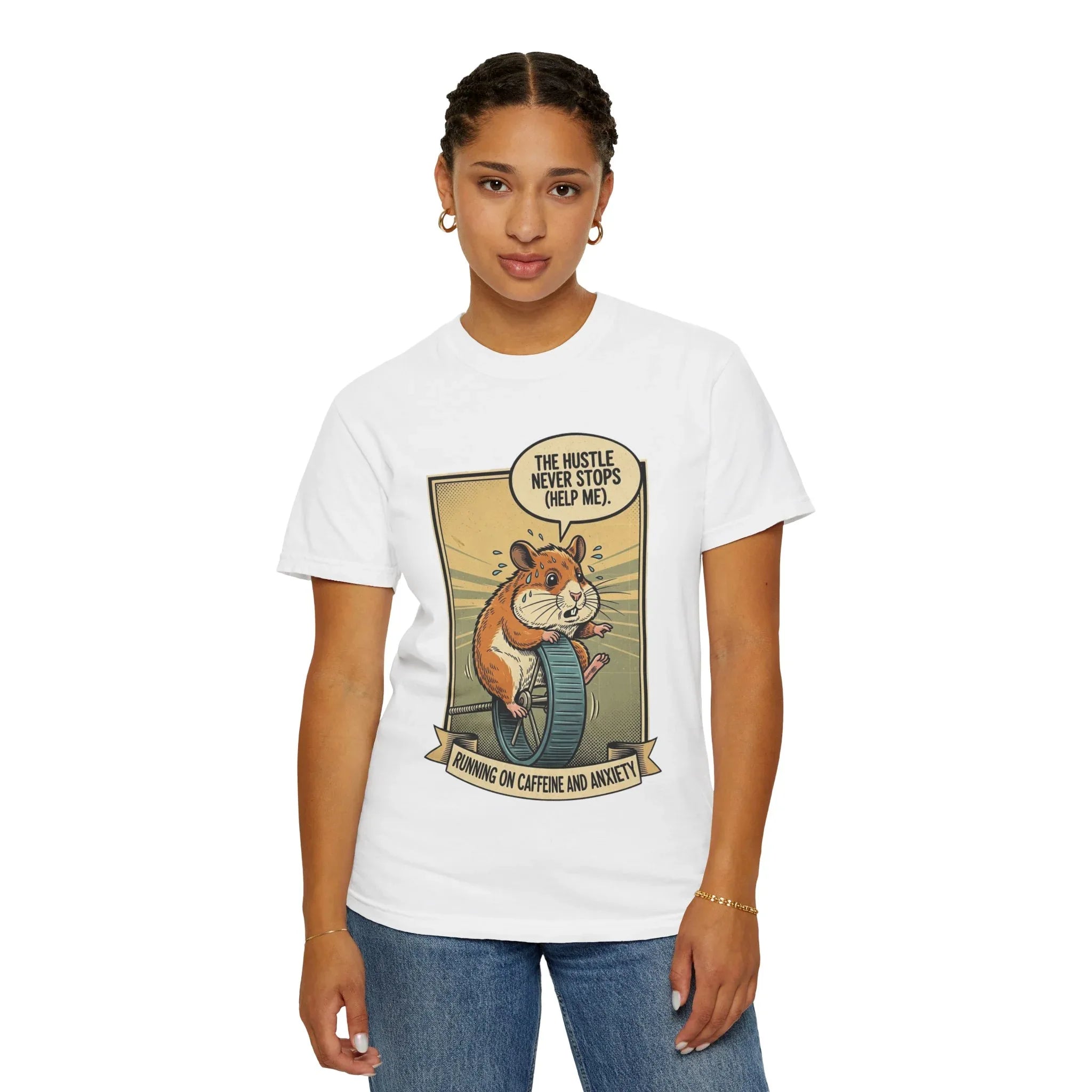 Funny Hamster Shirt - "Running On Caffeine And Anxiety" T-Shirt - Corporate Burnout Gift - Mental Health Sweatshirt - Retro Animal Art Office Humor Tee