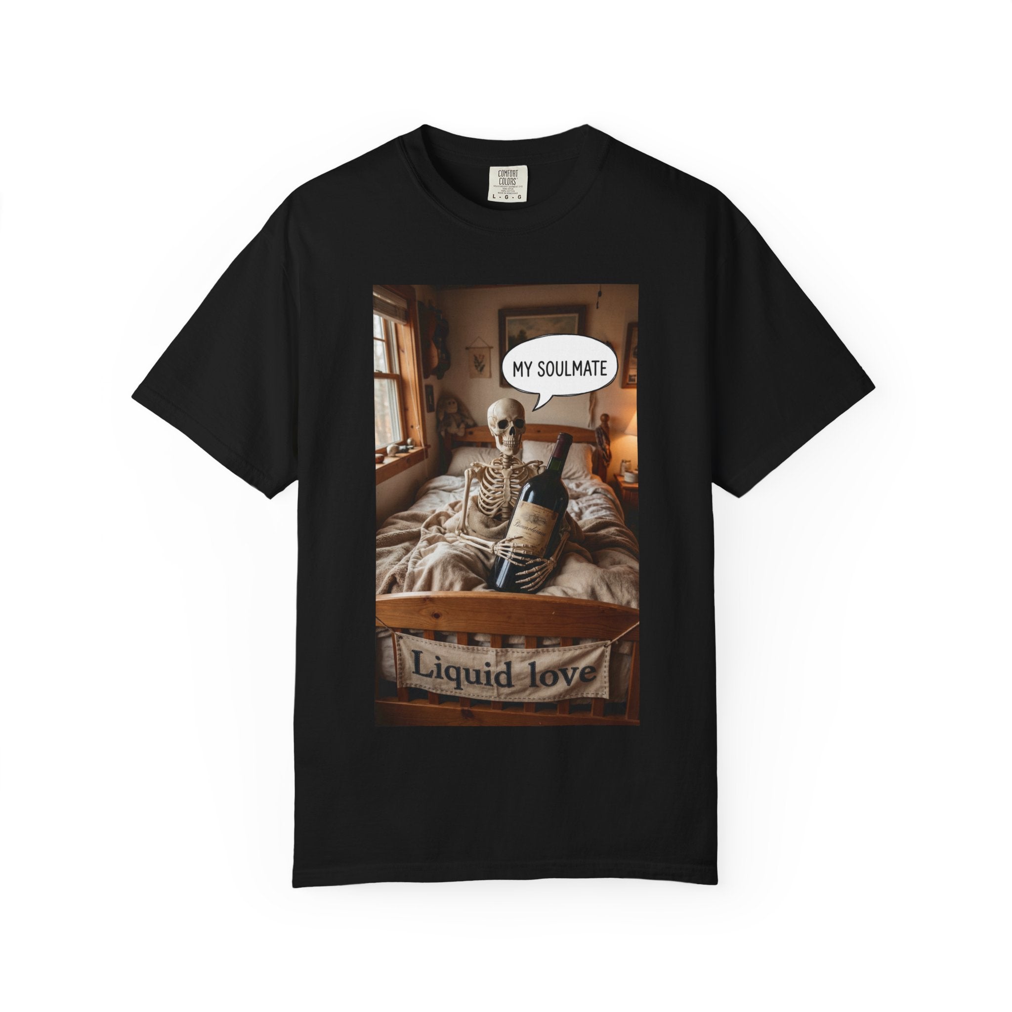 Liquid Love Skeleton Wine Shirt - Funny Soulmate Gift - Dark Humor T-Shirt - Gothic Cottagecore Graphic Tee - Sarcastic Wine Enthusiast Apparel Black
