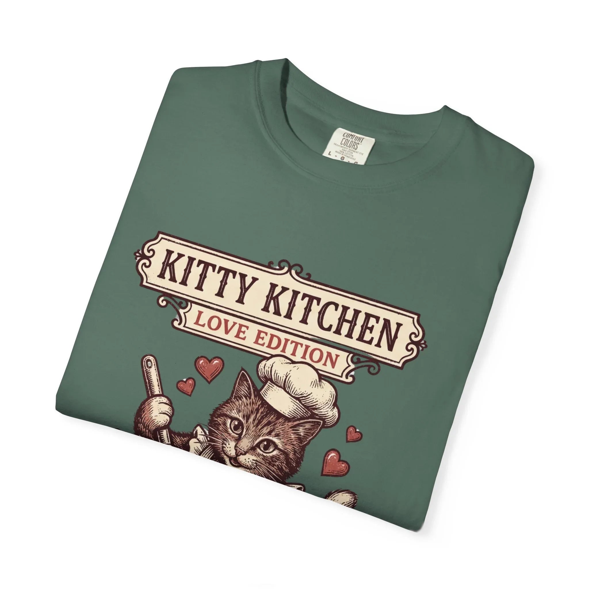 Kitty Kitchen Love T-Shirt | Vintage Cat Chef Whisking You Were Here Graphic Tee