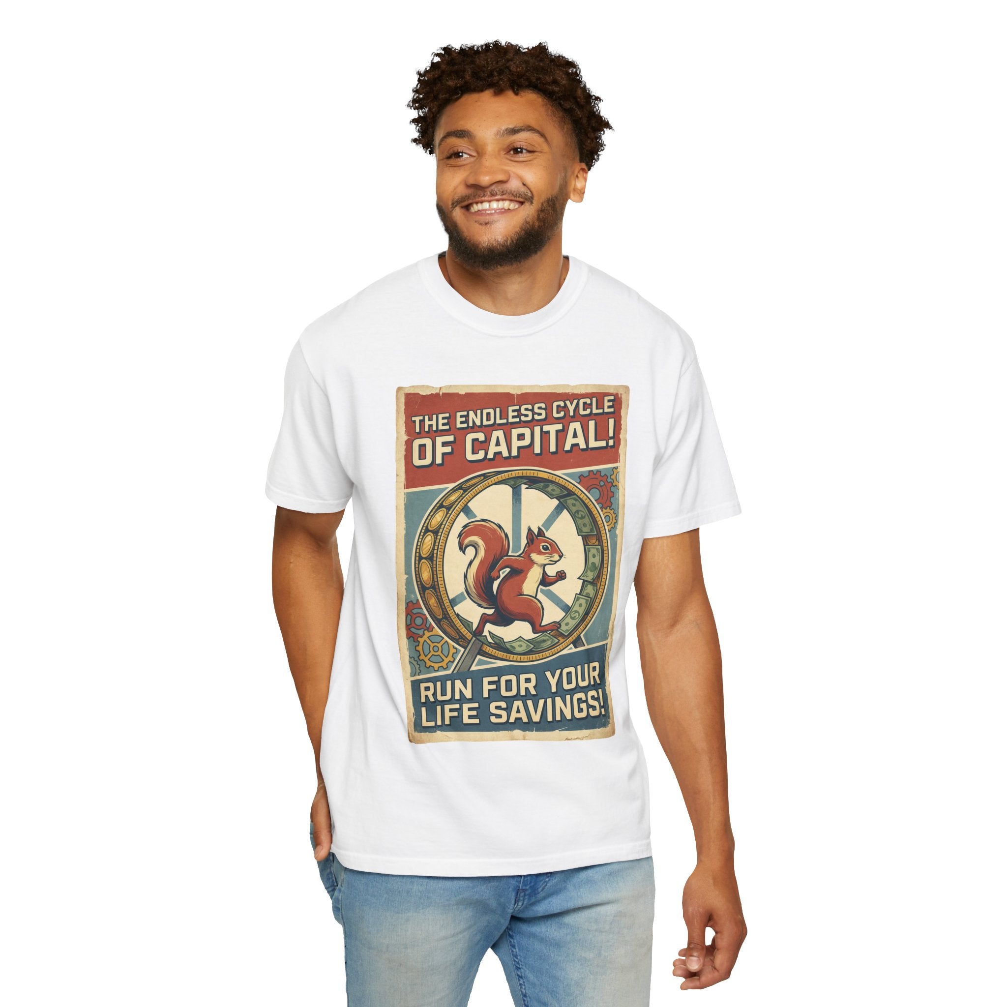 The Endless Cycle of Capital T-Shirt - Run For Your Life Savings Tee - Funny Squirrel Rat Race Satire - Vintage Retro Propaganda Graphic