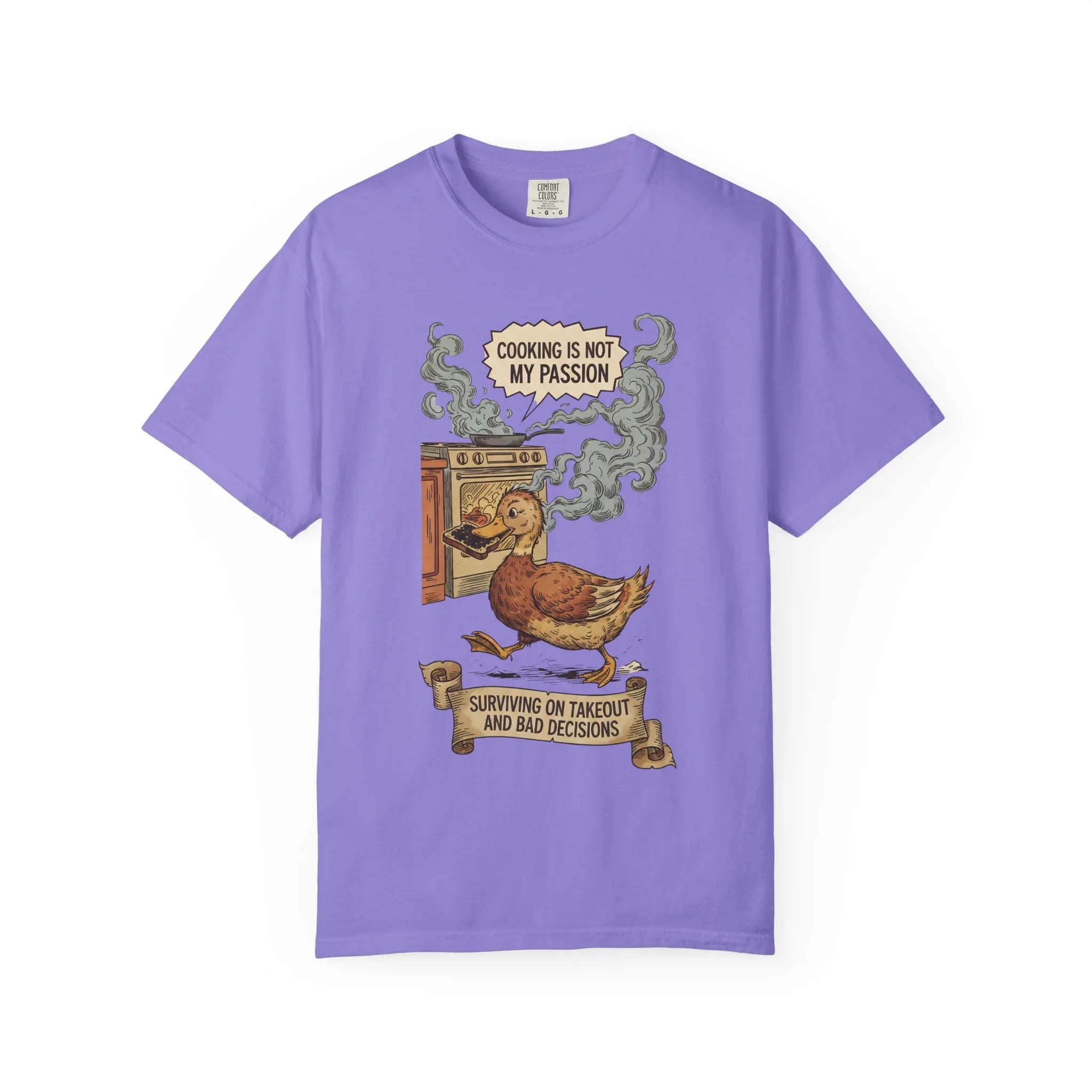 Funny Cooking Duck Shirt - "Cooking Is Not My Passion" Tee - Bad Cook Kitchen Fail Gift - Retro Duck Meme T-Shirt - Humorous Home Chef Gift for Mom & Dad Violet