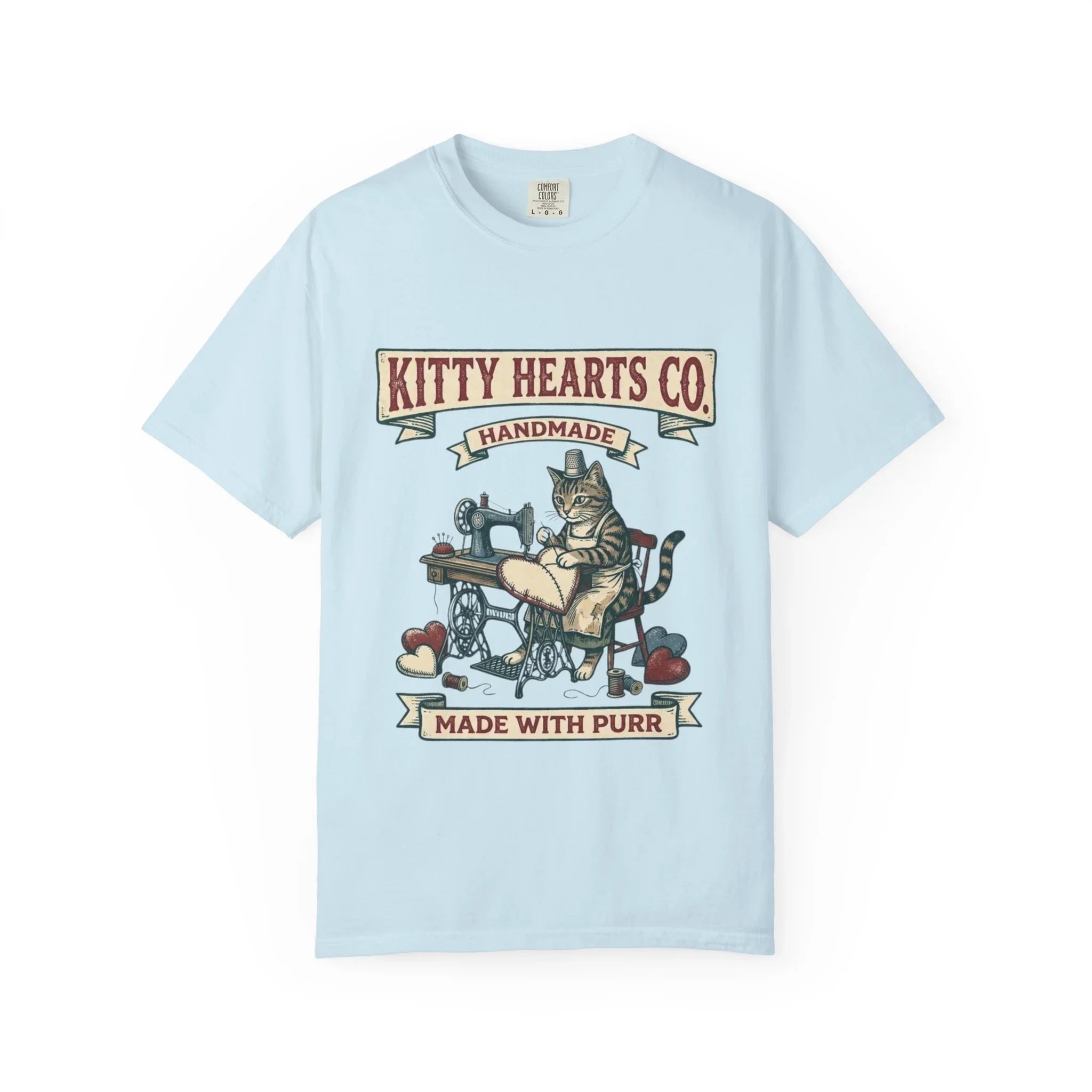 Kitty Hearts Co T-Shirt | Vintage Sewing Cat Made With Purr Graphic Tee | Retro Craft Cat Lover Gift Shirt Chambray