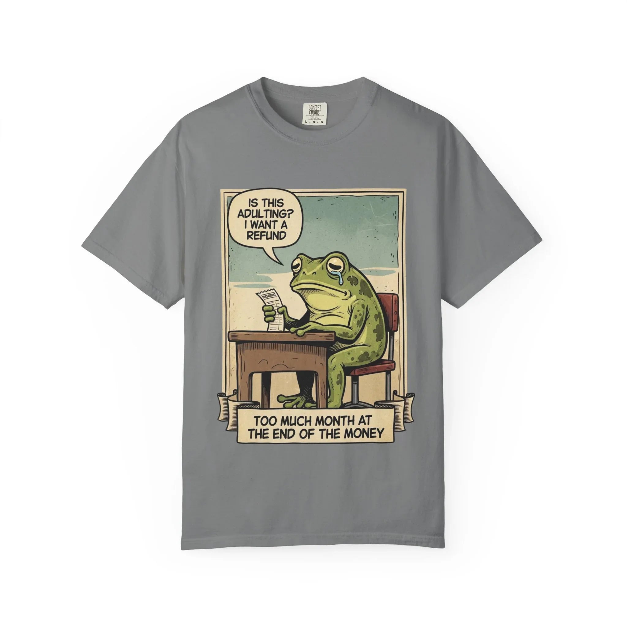 Funny Adulting Shirt - Sad Frog Meme Hoodie - "Too Much Month at the End of My Money" Sweatshirt - Vintage Aesthetic Millennial Financial Humor - Relatable Broke Friend Gift Grey