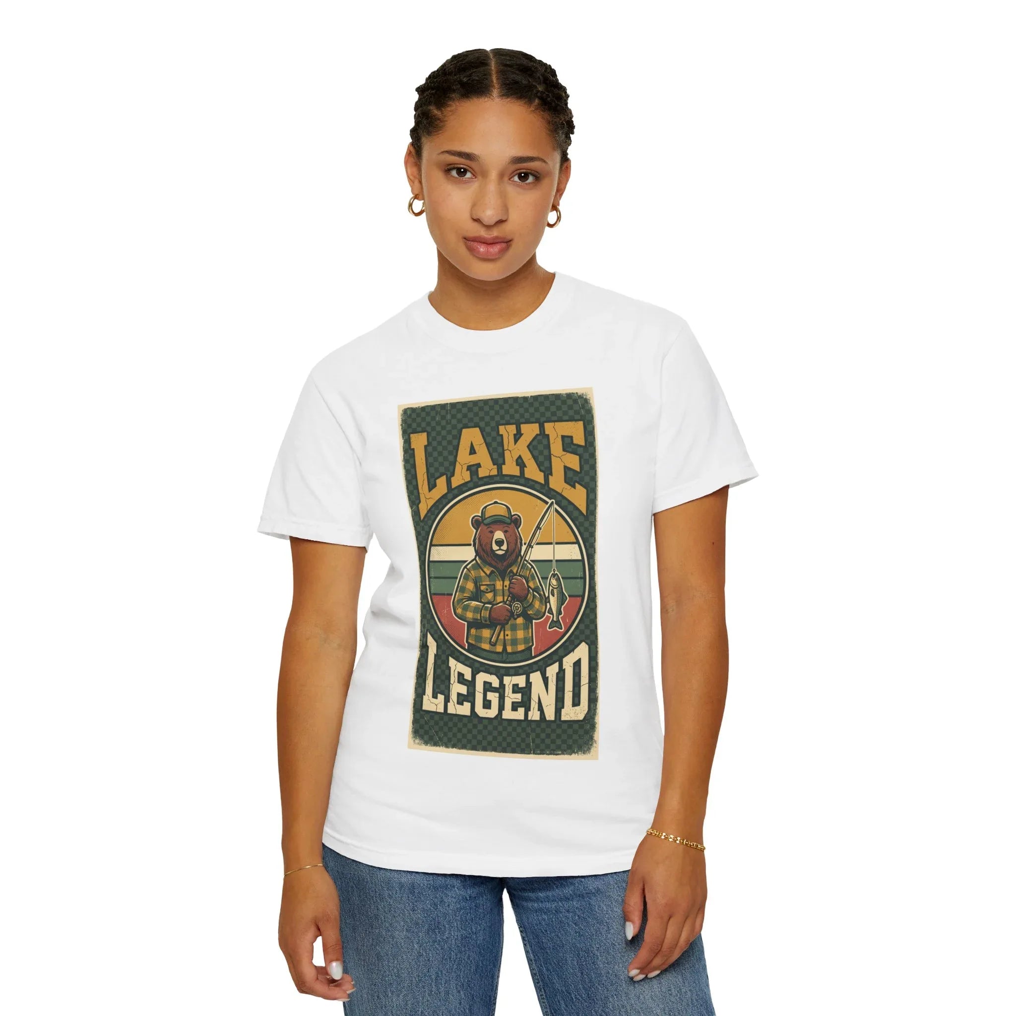 Lake Legend Bear Fishing T-Shirt | Retro Outdoors Graphic Tee | Vintage Cabin Lake Life Shirt | Garment-Dyed Heavyweight Unisex