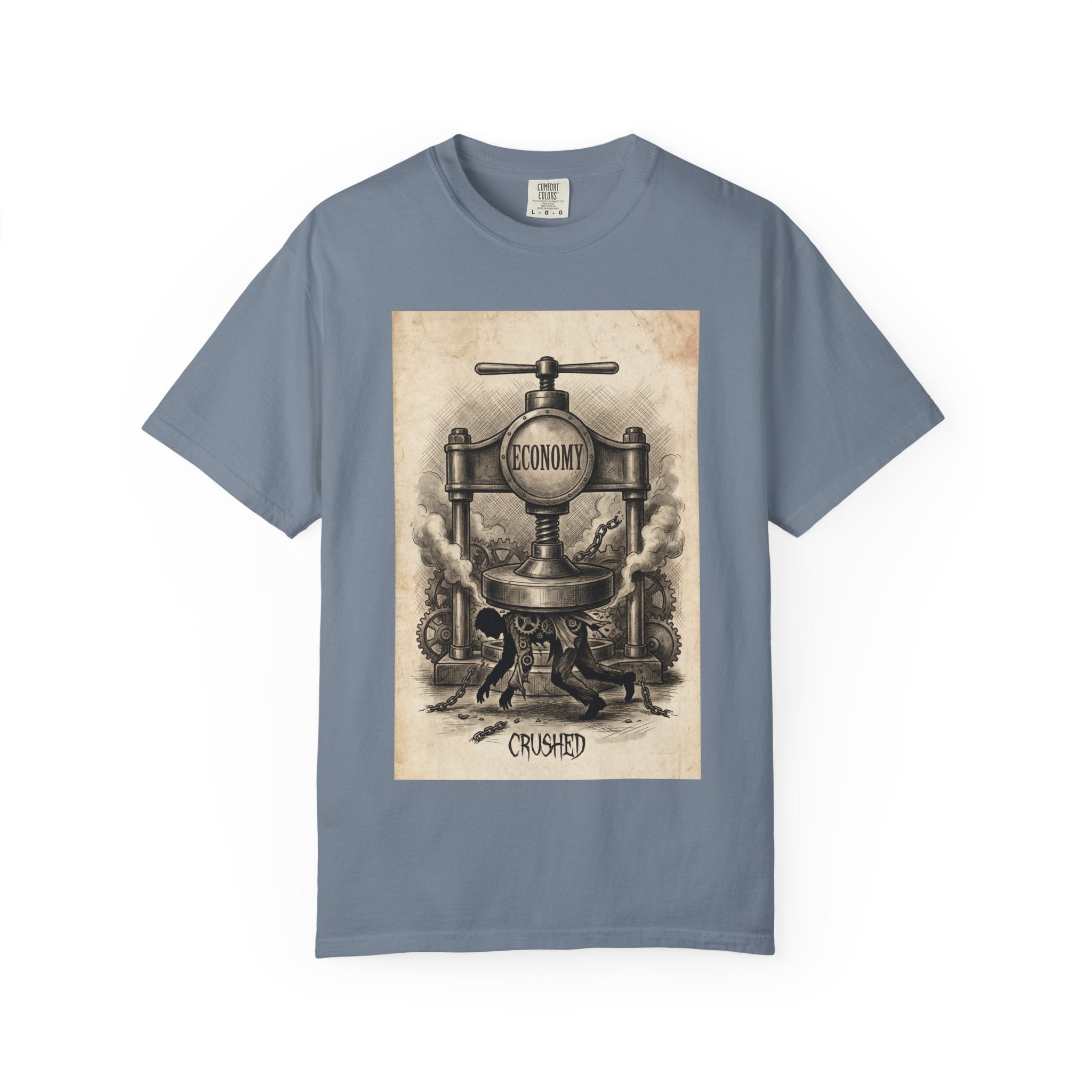 Vintage Economy Press T-Shirt | Retro Industrial Satire Tee | Dark Academia Social Comment Art Shirt | Gift for Philosophy & Economics Lovers" Blue Jean