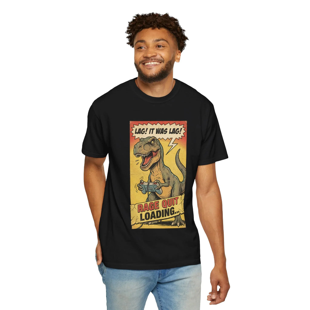 Funny Gamer T-Rex Shirt - "Lag! It Was Lag!" Retro Gaming Tee - Sarcastic Rage Quit Loading Dinosaur T-Shirt - Vintage Console Gamer Gift - Funny Video Game Graphic Apparel Black