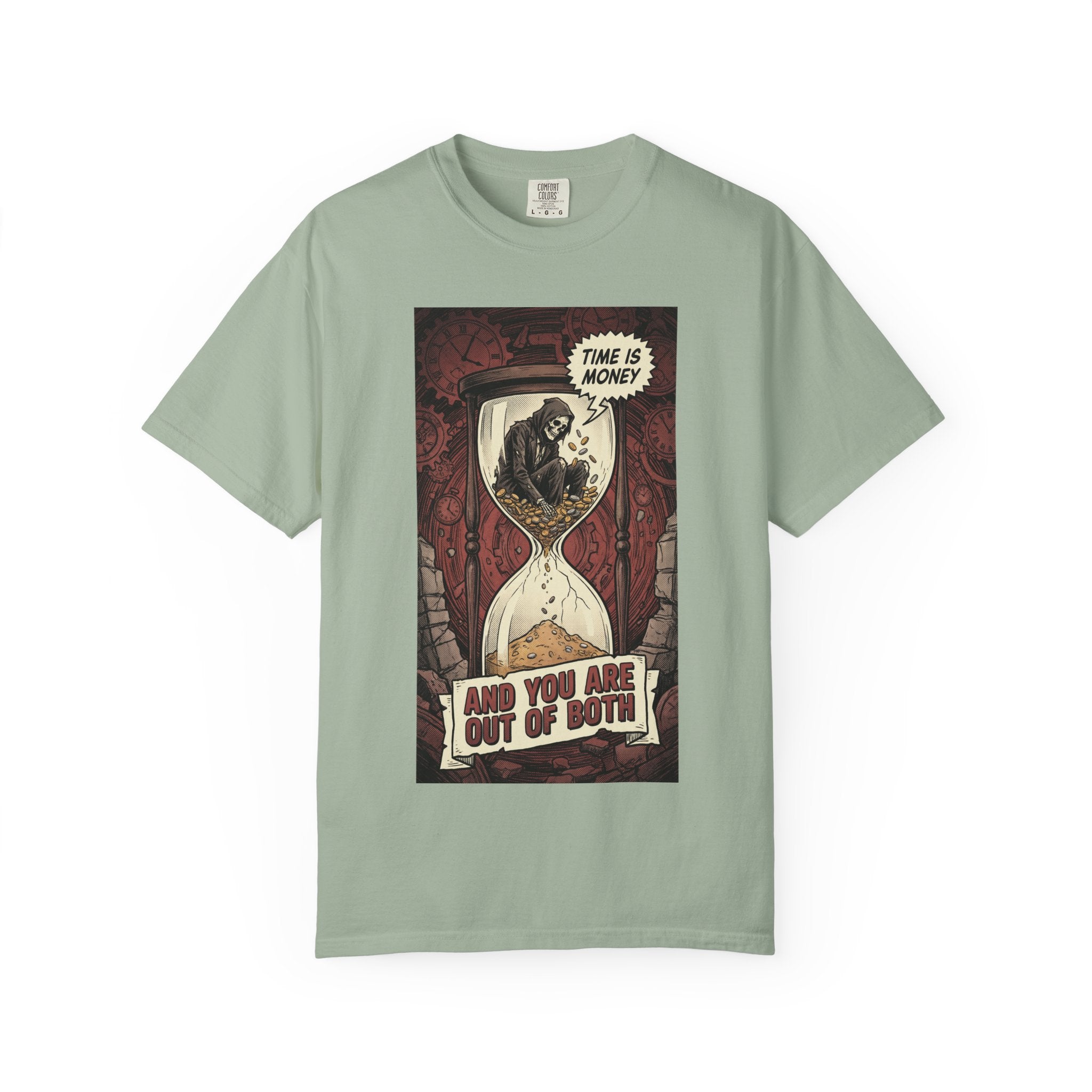 Time Is Money Shirt, Out of Both Grim Reaper Tee, Sarcastic Financial Satire Shirt, Vintage Grunge Hourglass Apparel, Dark Humor Philosophy Gift Bay