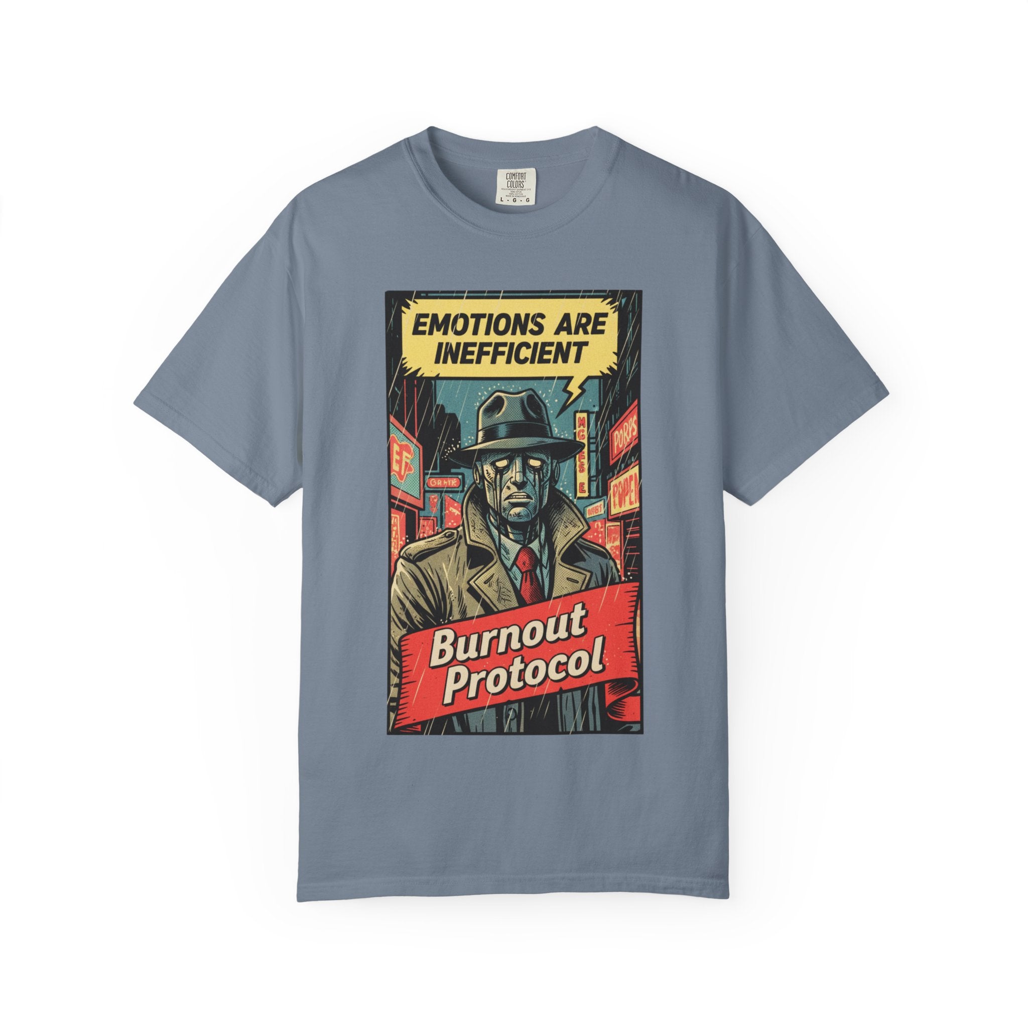 Burnout Protocol Vintage Comic Shirt Retro Robot Detective Graphic Tee Sarcastic Android Art Gift for Tech Workers Software Engineer Noir Blue Jean