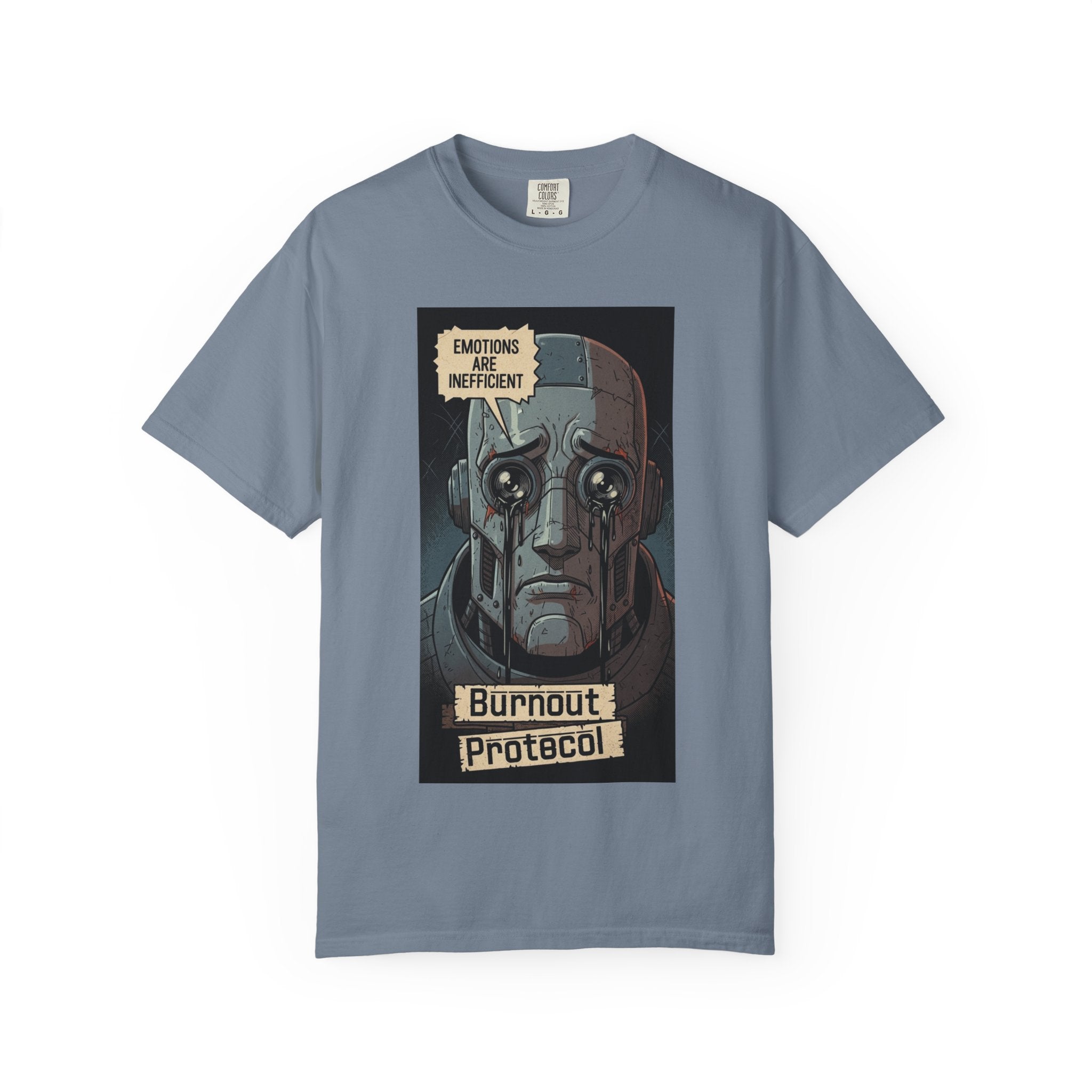 Burnout Protocol Robot Shirt Retro Comic Graphic Tee Sarcastic Android Emotions Are Inefficient Top Vintage Tech Gift for Engineers Blue Jean