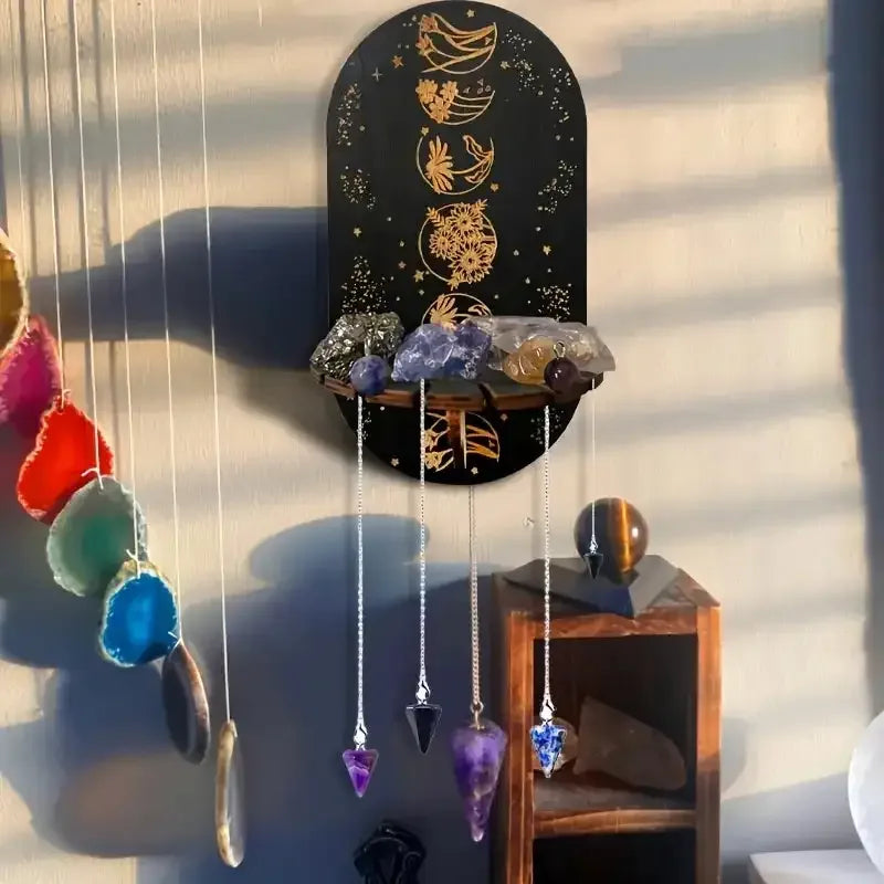 Boho Wooden Crystal Display Shelf – Floating Wall Mount Holder Rack for Crystals, Candles, Jewelry, and Home Decor